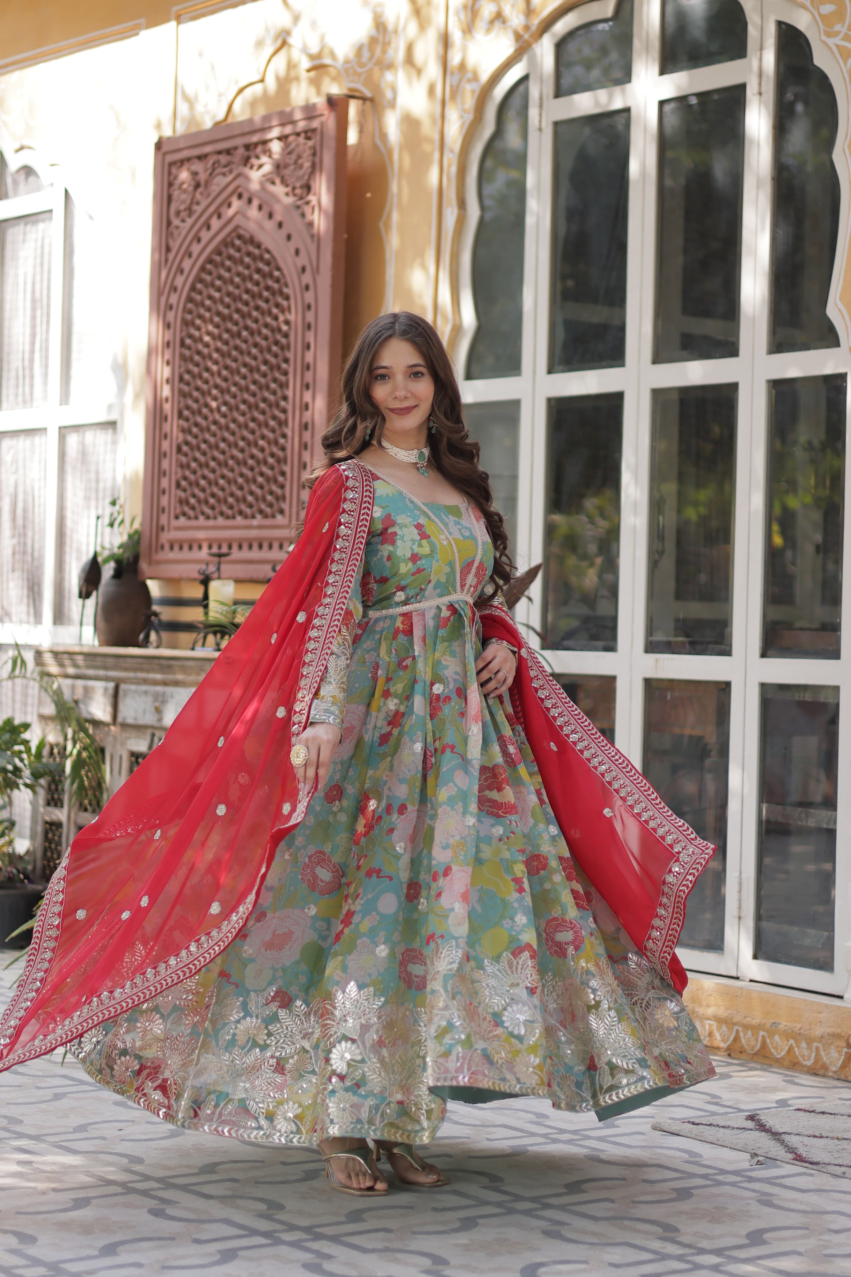 Digital Printed Russian Silk Gown with Foil and Sequins Work – Front View