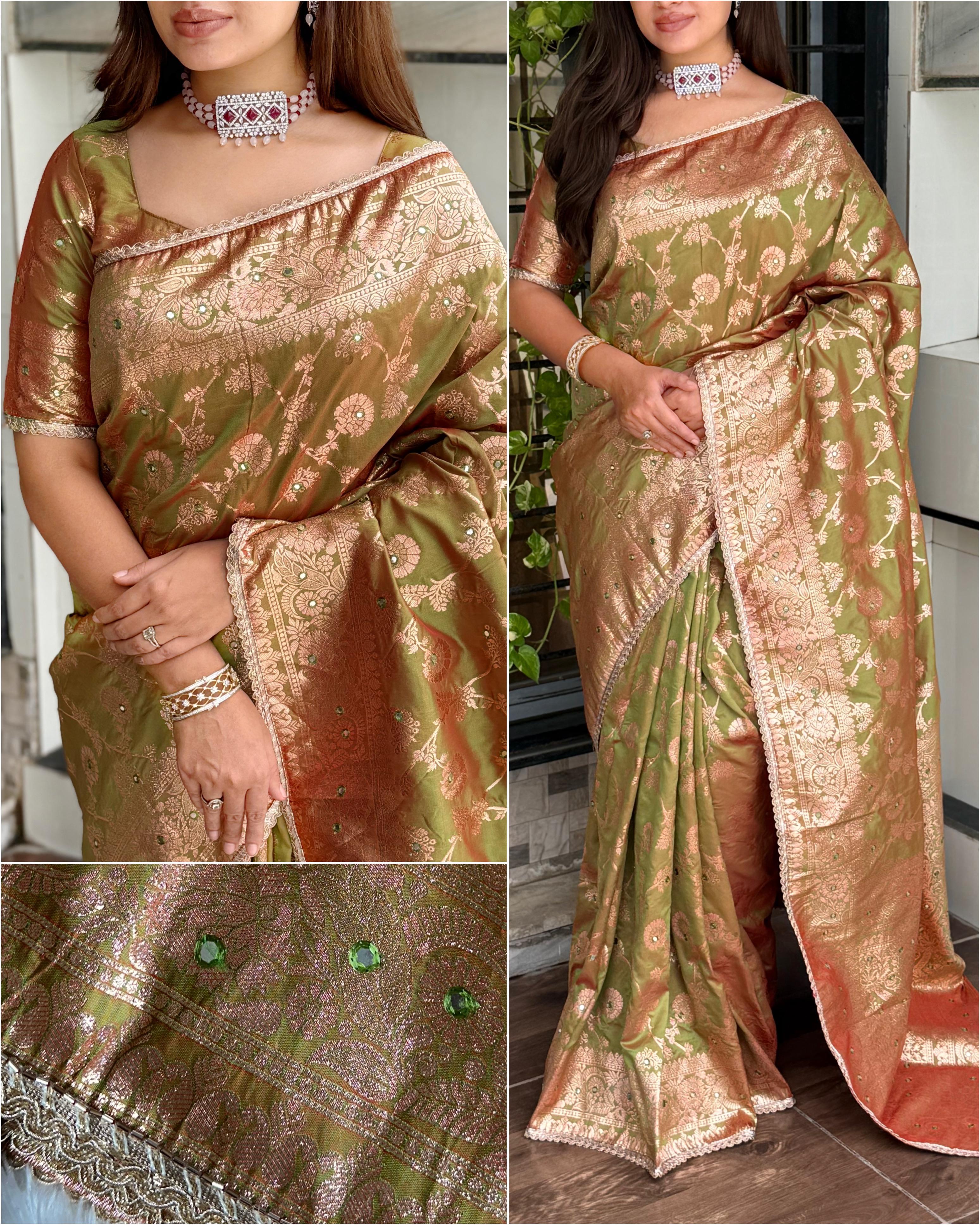 this Banarasi Silk Saree is designed to make your festive moments shine.
Featuring zari jacquard weaving
