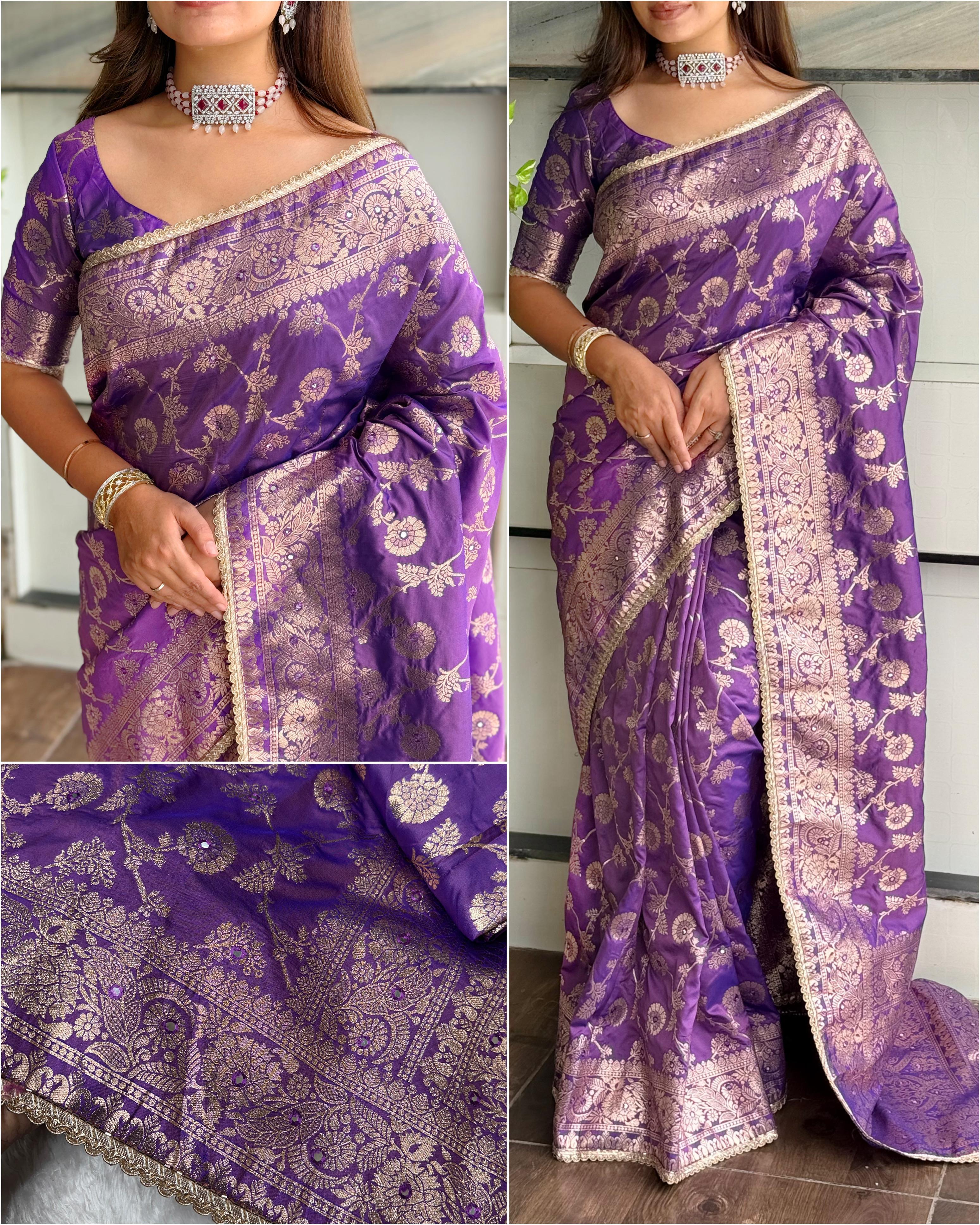 this Banarasi Silk Saree is designed to make your festive moments shine.
Featuring zari jacquard weaving