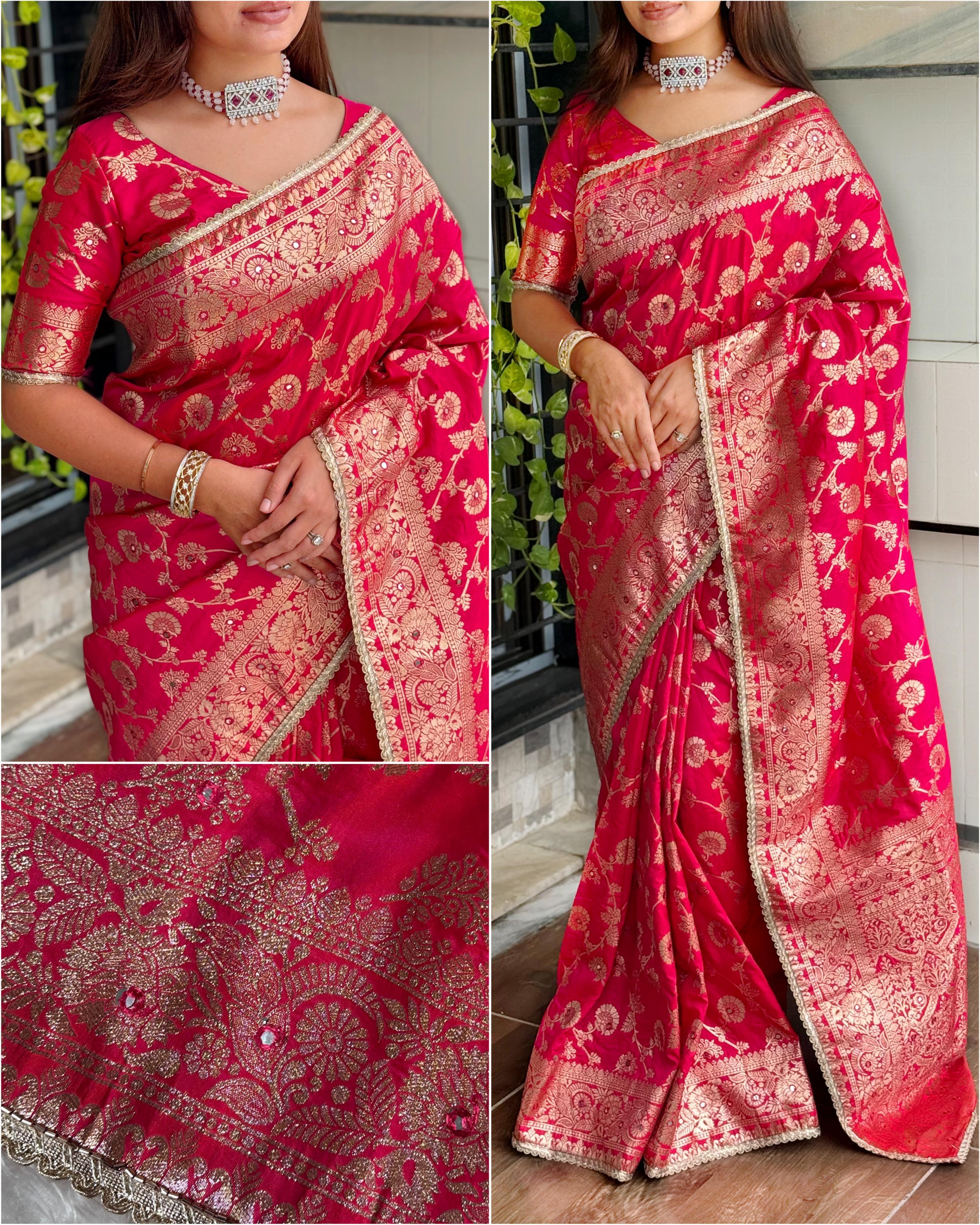 this Banarasi Silk Saree is designed to make your festive moments shine.
Featuring zari jacquard weaving