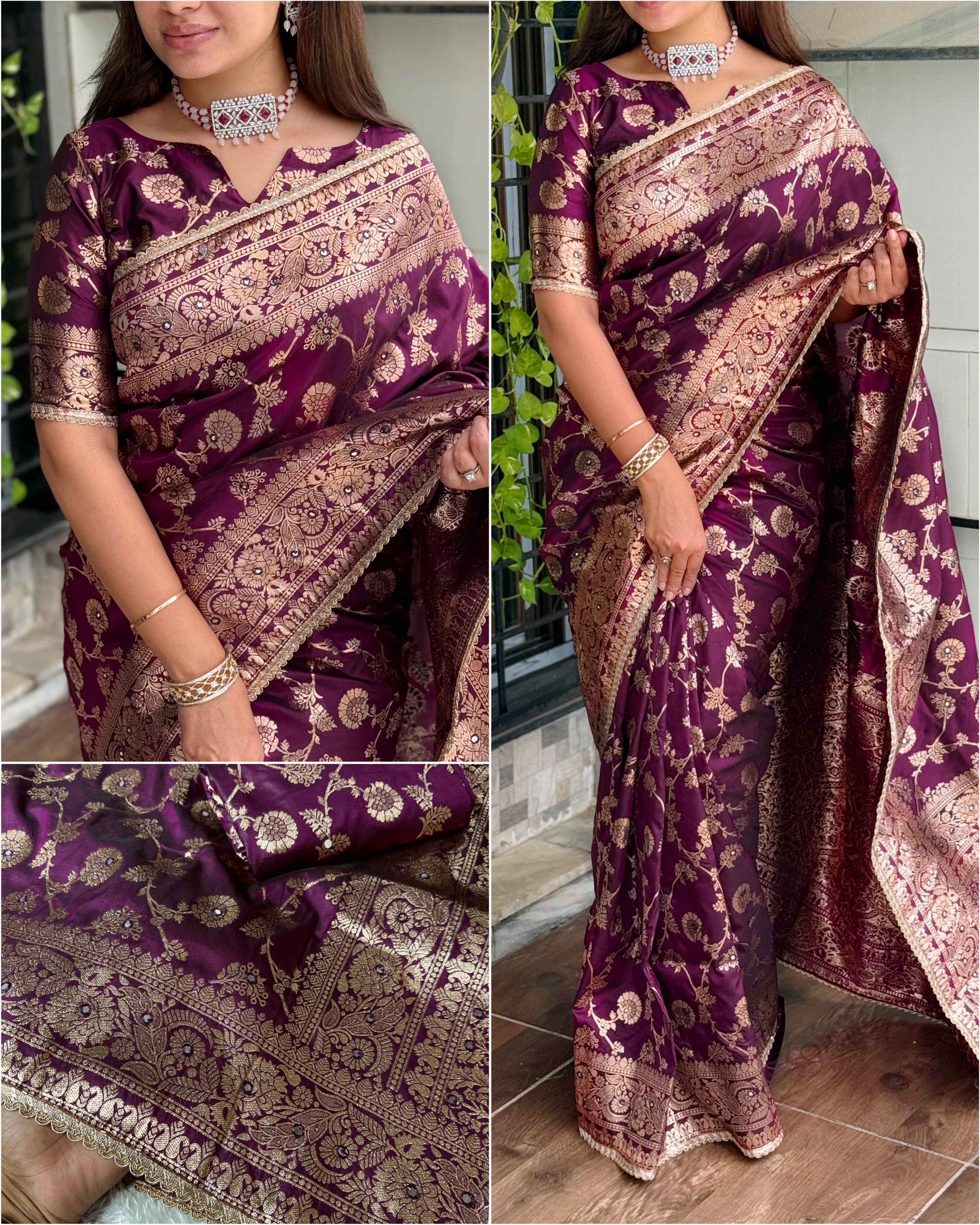 this Banarasi Silk Saree is designed to make your festive moments shine.
Featuring zari jacquard weaving