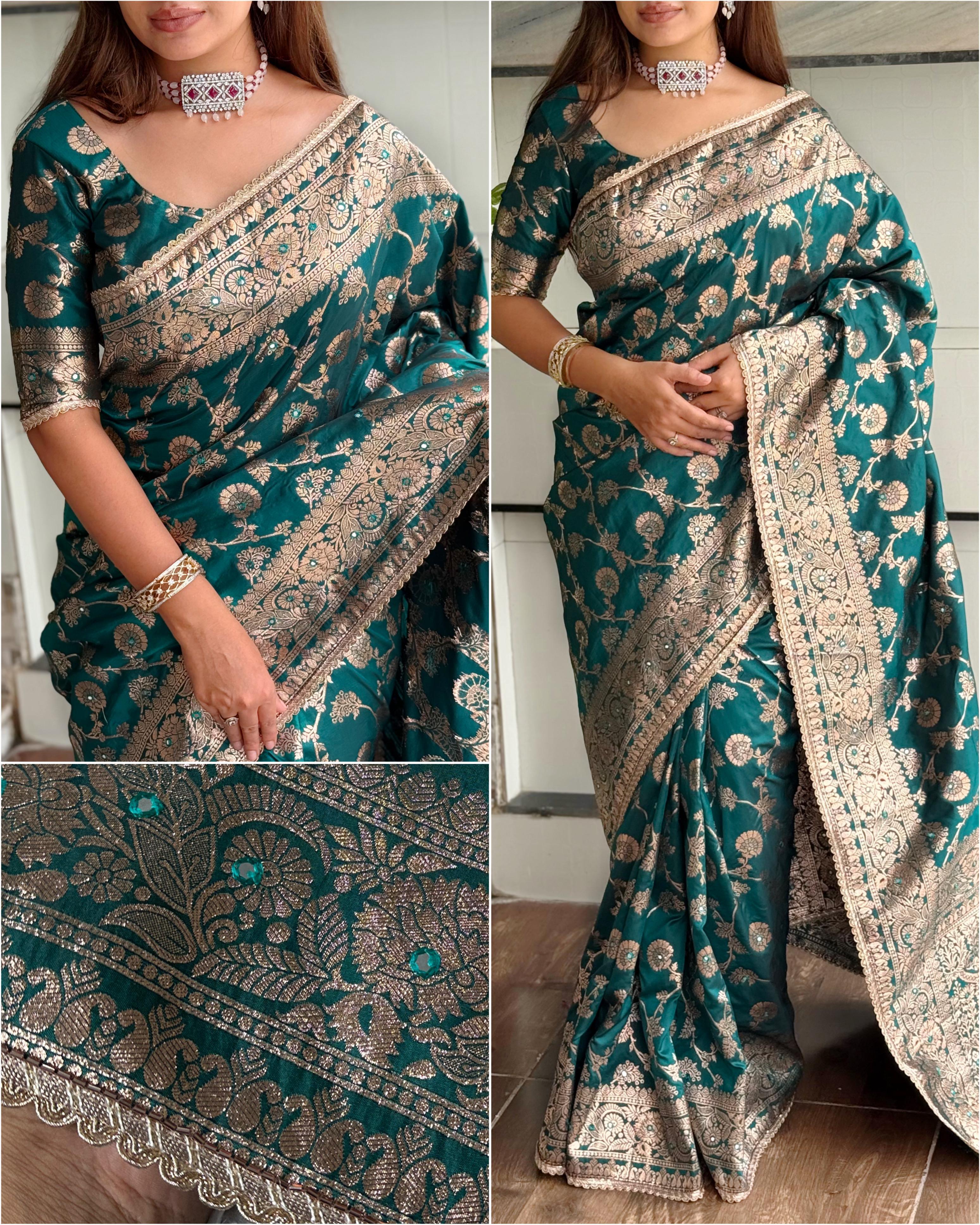this Banarasi Silk Saree is designed to make your festive moments shine.
Featuring zari jacquard weaving