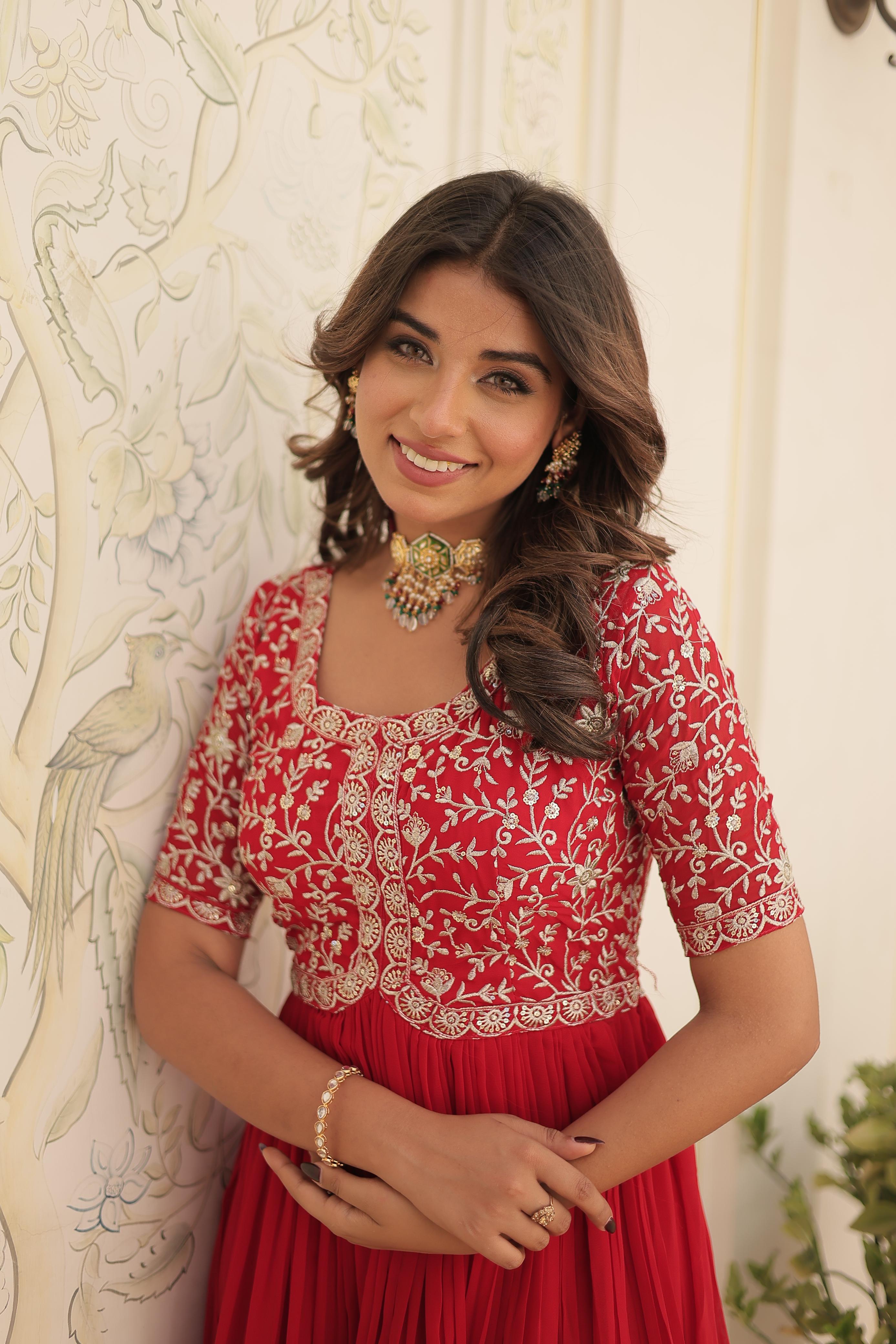 Elegant half-sleeve party wear gown with cotton lining