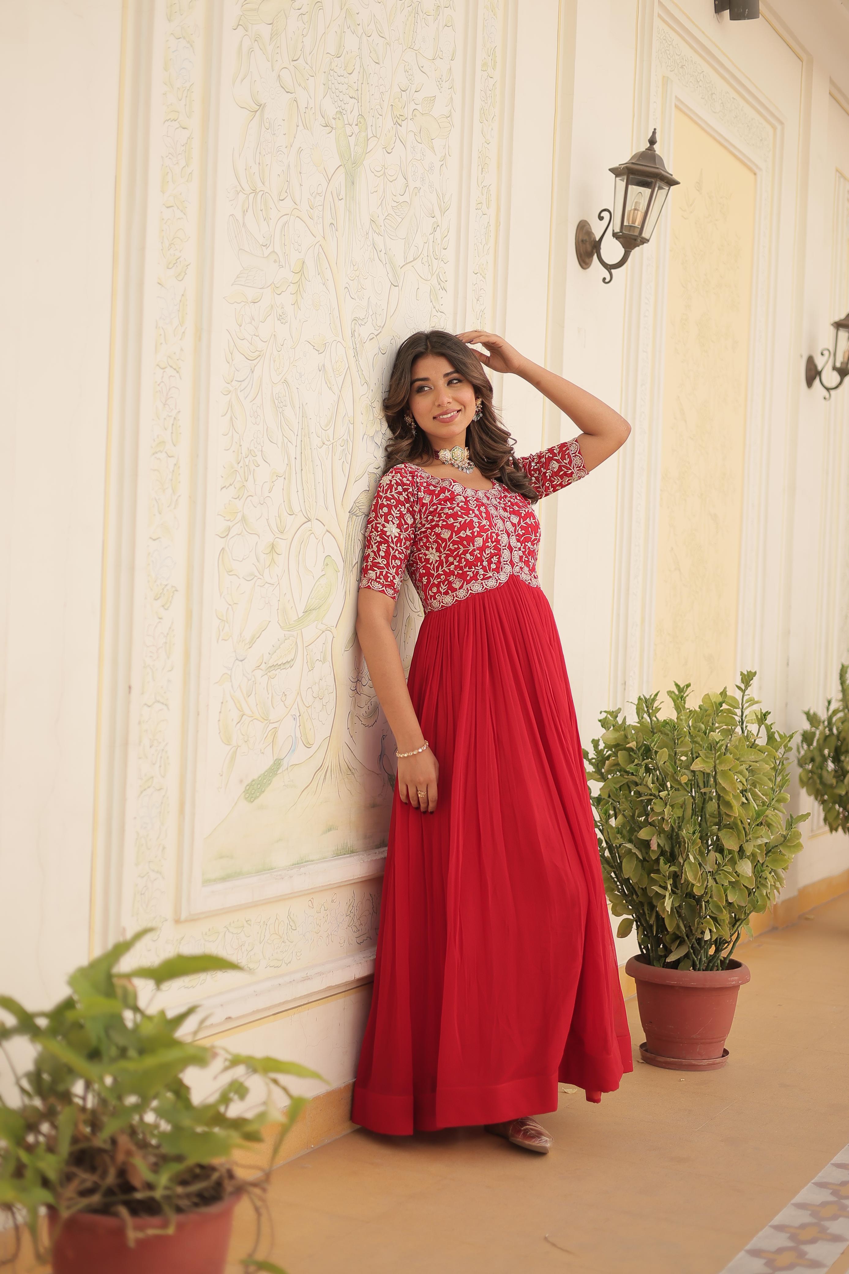 Elegant half-sleeve party wear gown with cotton lining