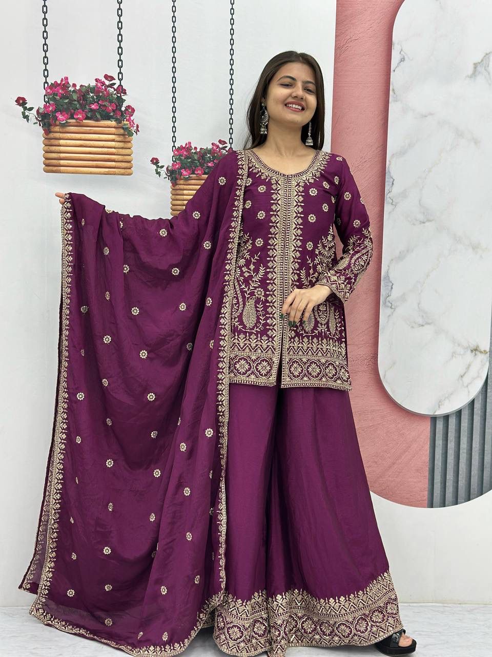 Chinon Palazzo Suit with Thread & Sequence Embroidery