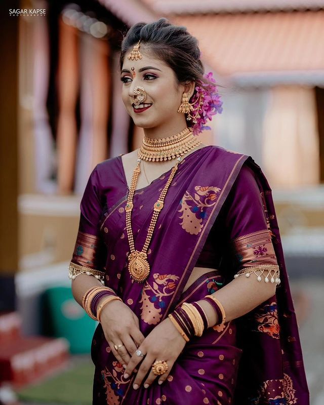 Soft Paithani silk saree with copper zari and Meenakari weaving