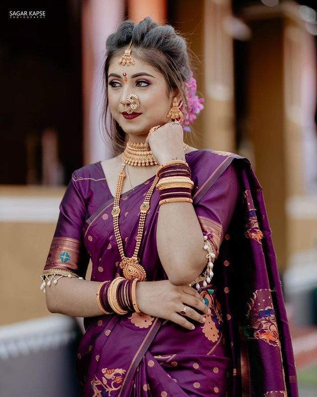 Soft Paithani silk saree with copper zari and Meenakari weaving