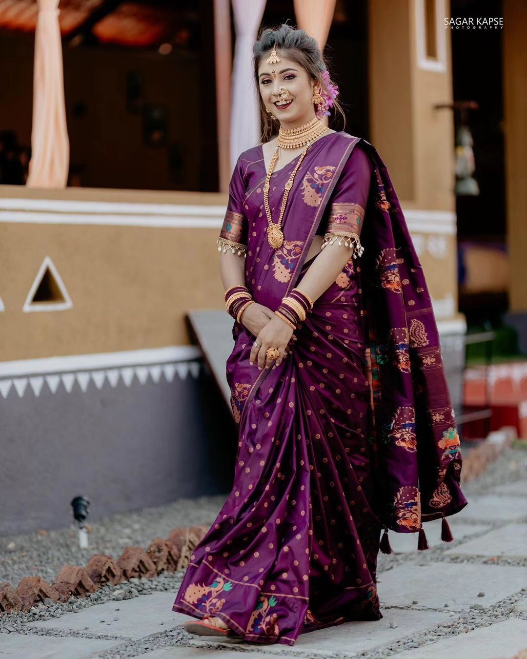 Soft Paithani silk saree with copper zari and Meenakari weaving