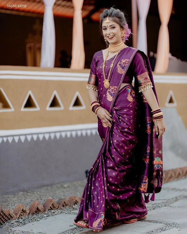 Soft Paithani silk saree with copper zari and Meenakari weaving