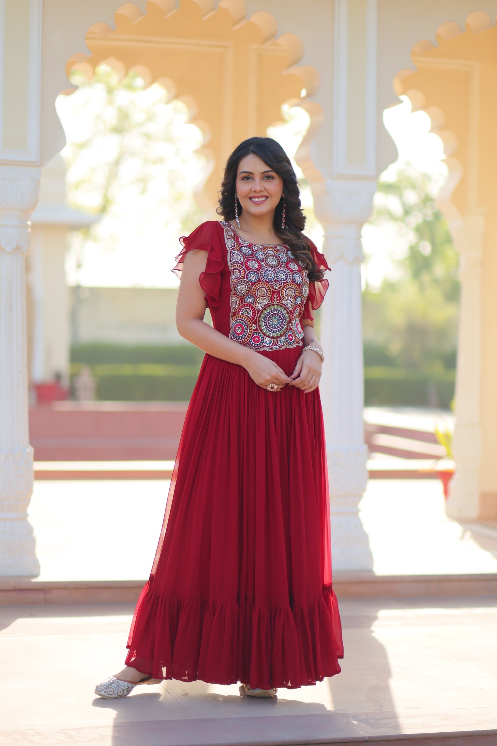 Faux Blooming embroidered gown with beads and sequins work