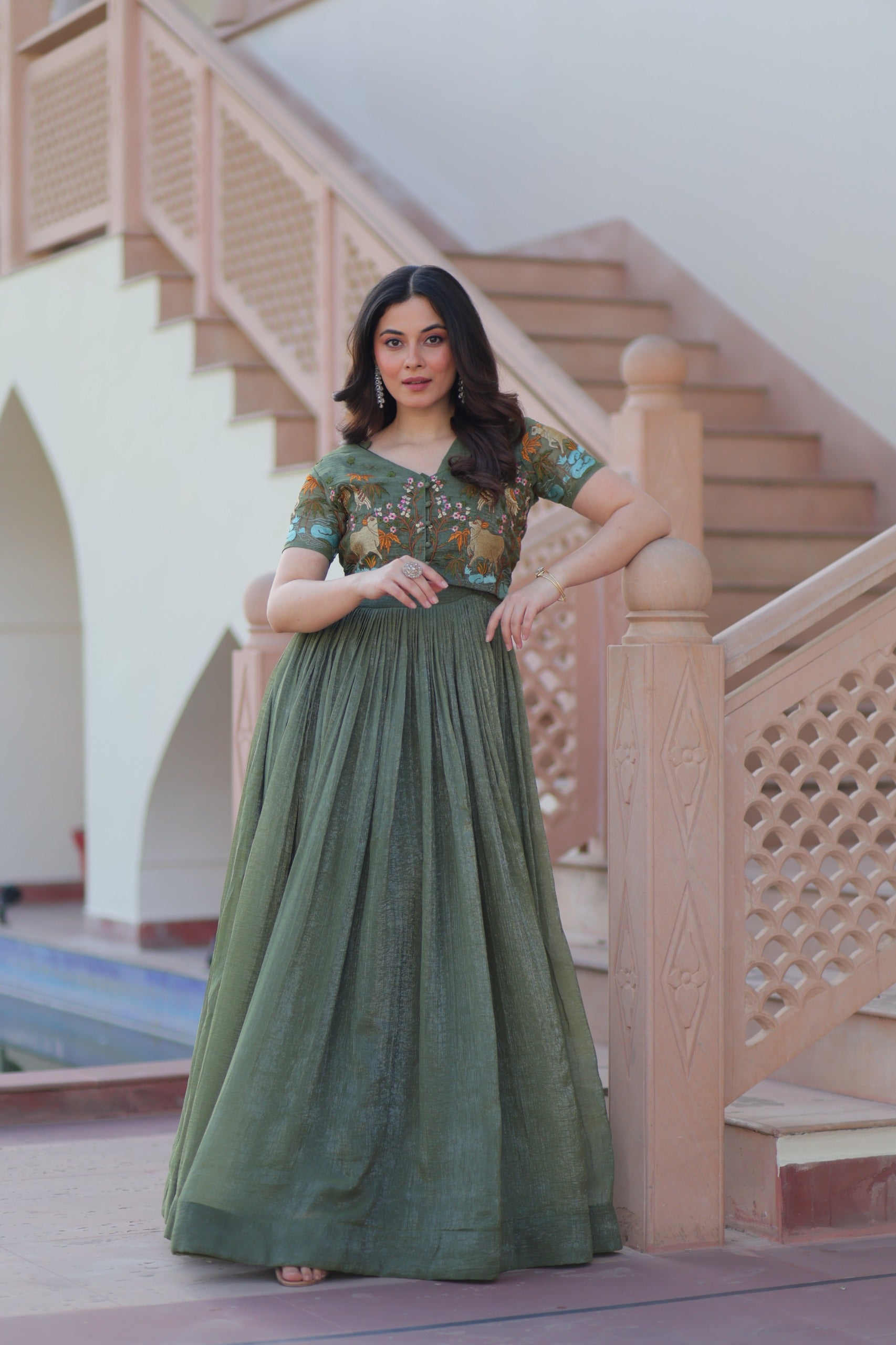 Silver Crunchy Fabric Gown with Embroidered Koti for Women