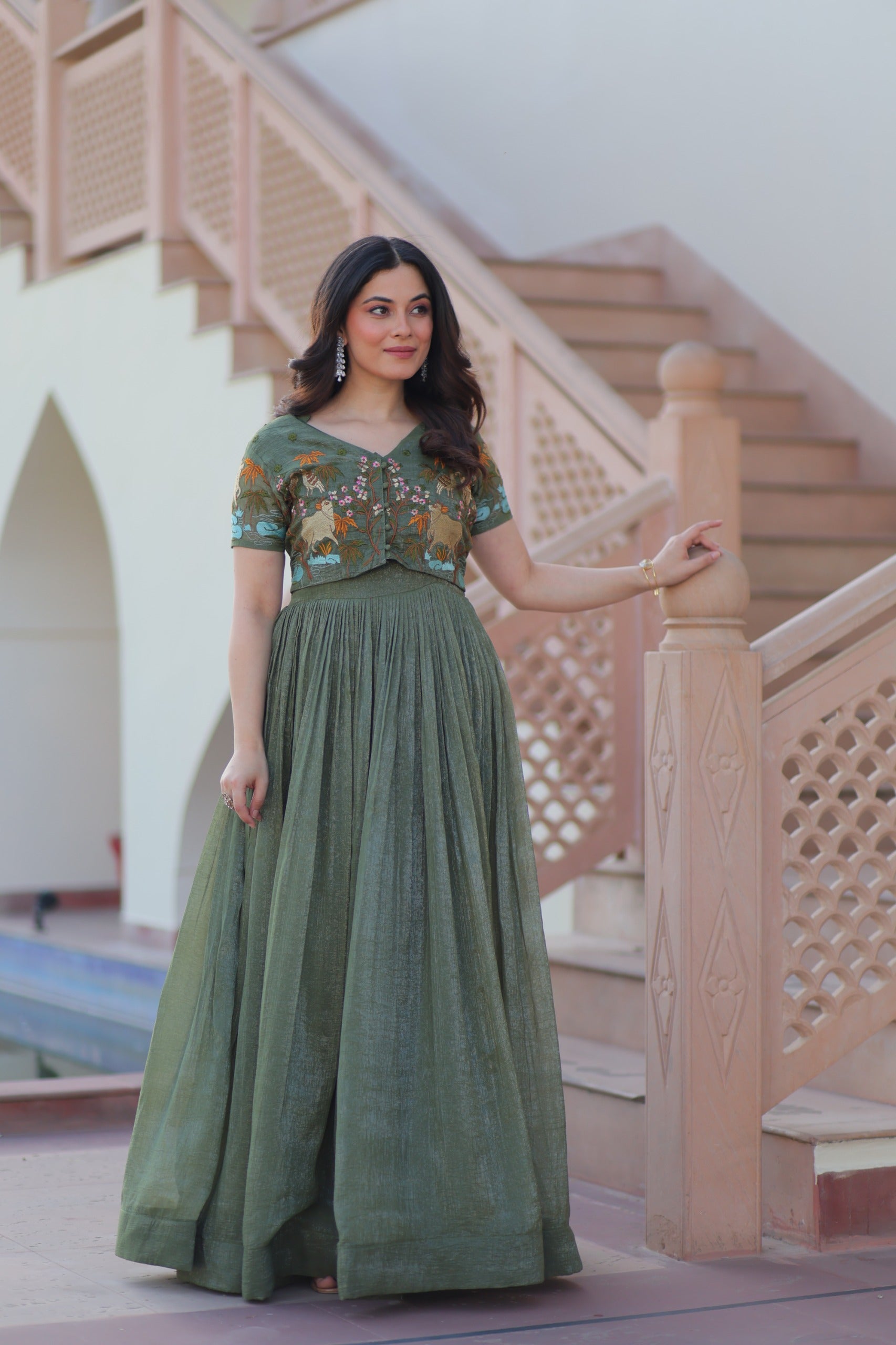 Silver Crunchy Fabric Gown with Embroidered Koti for Women