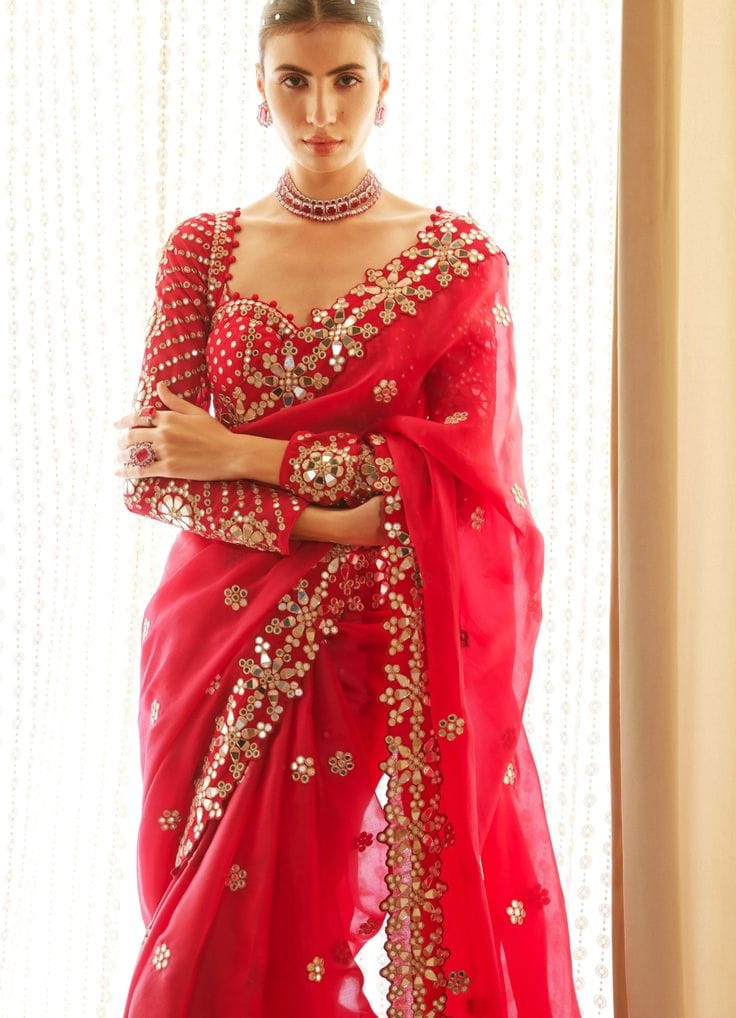 Heavy Faux Georgette Mirror Work Saree Front View
