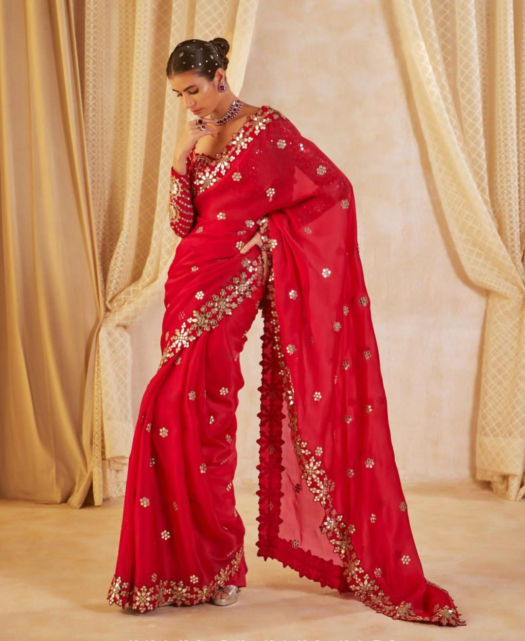 Heavy Faux Georgette Mirror Work Saree Front View