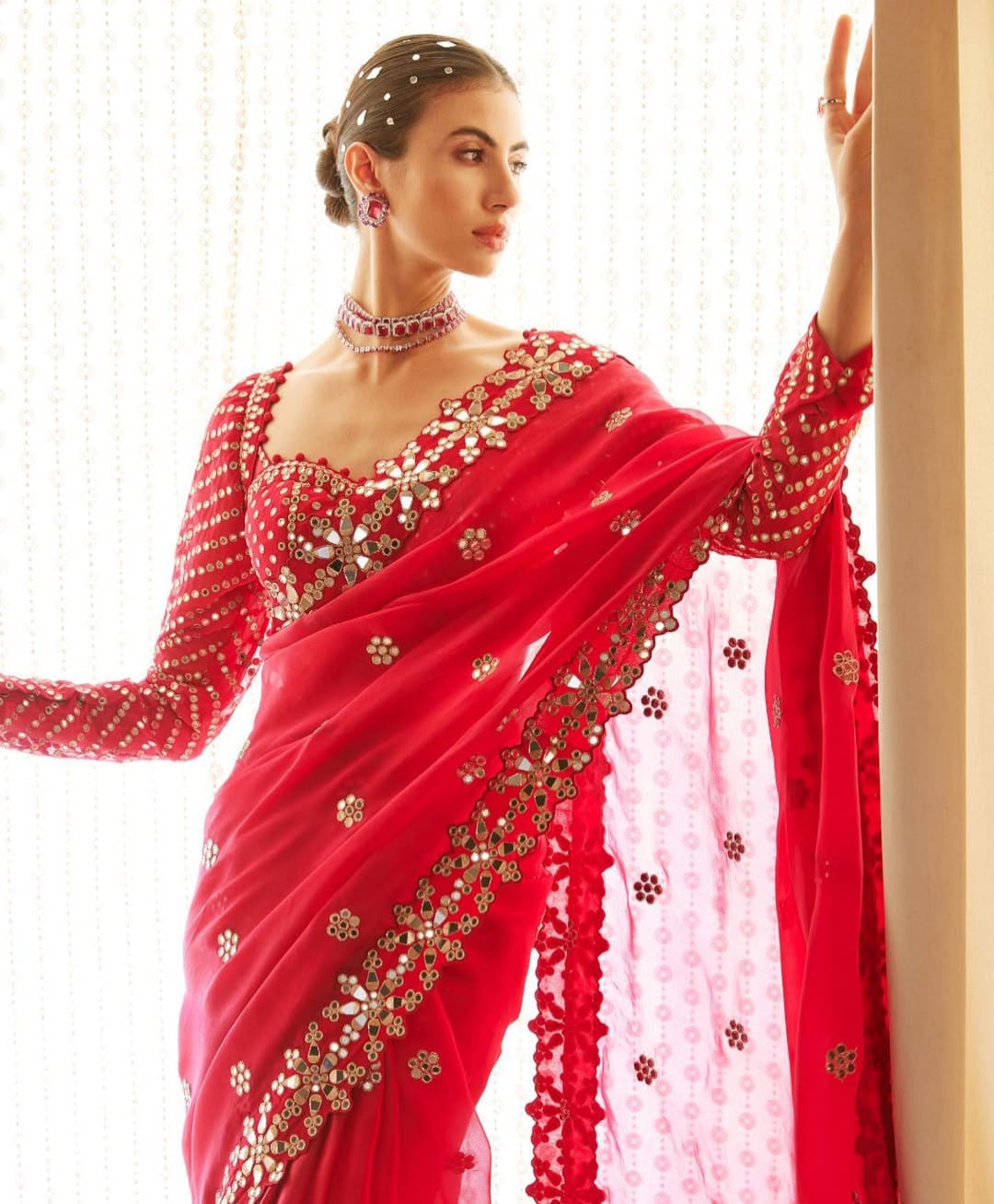 Heavy Faux Georgette Mirror Work Saree Front View