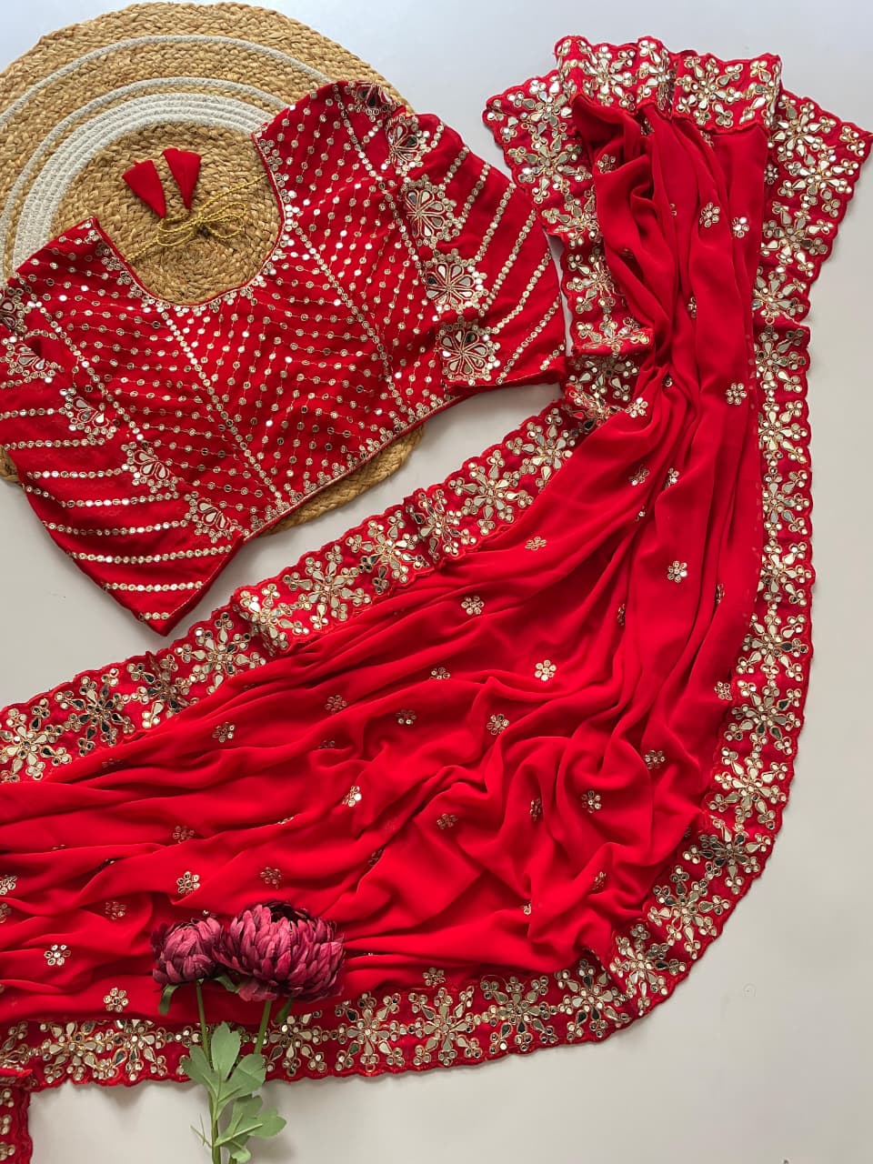 Heavy Faux Georgette Mirror Work Saree Front View