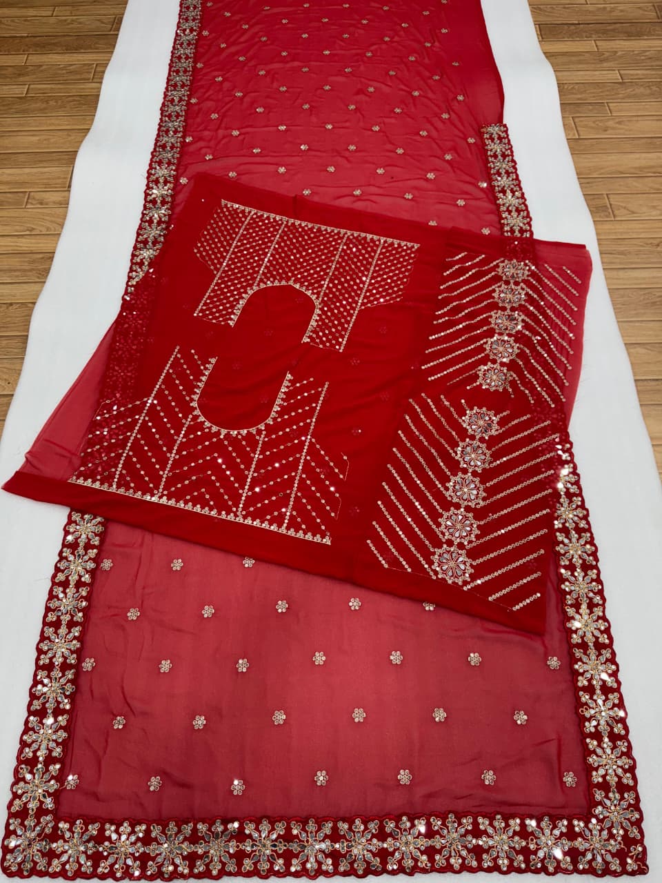 Heavy Faux Georgette Mirror Work Saree Front View