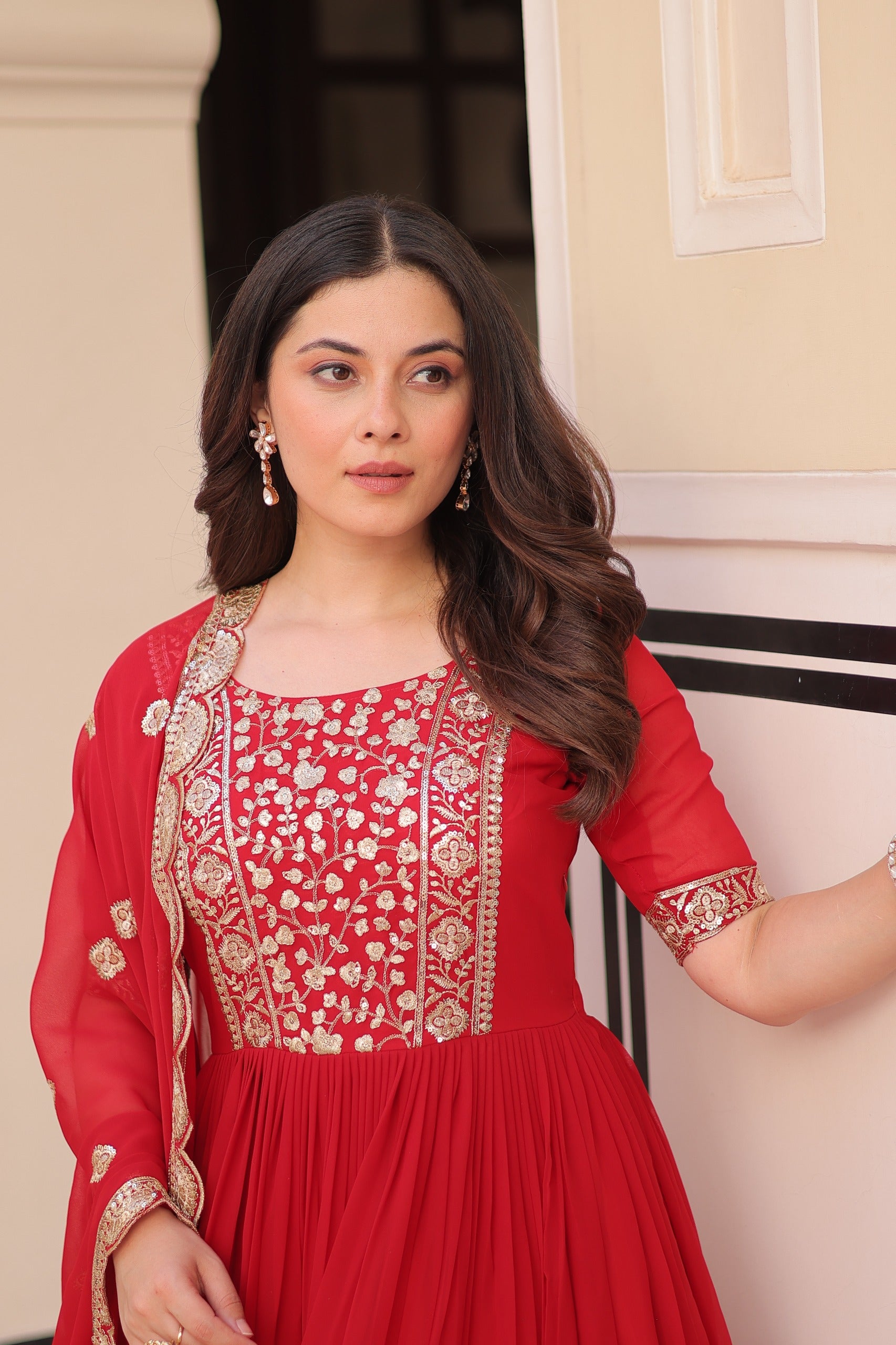 Faux Blooming Embroidered Zari Sequins Work Gown with Dupatta and Designer Lace Border