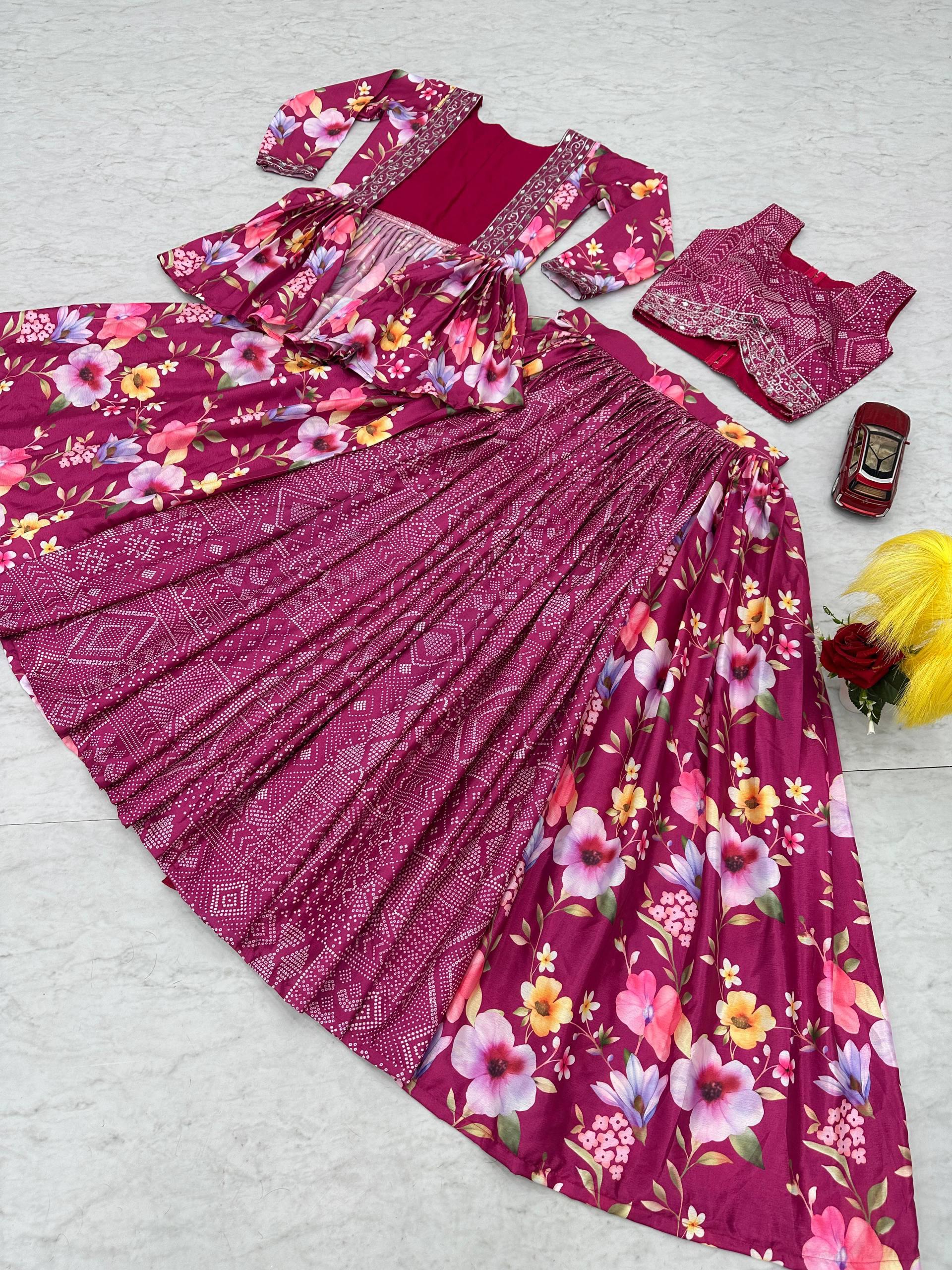 Chinon Embroidered Lehenga Set with Heavy Thread Work Shrug and Fully Stitched Top – Festive & Wedding Wear for Women