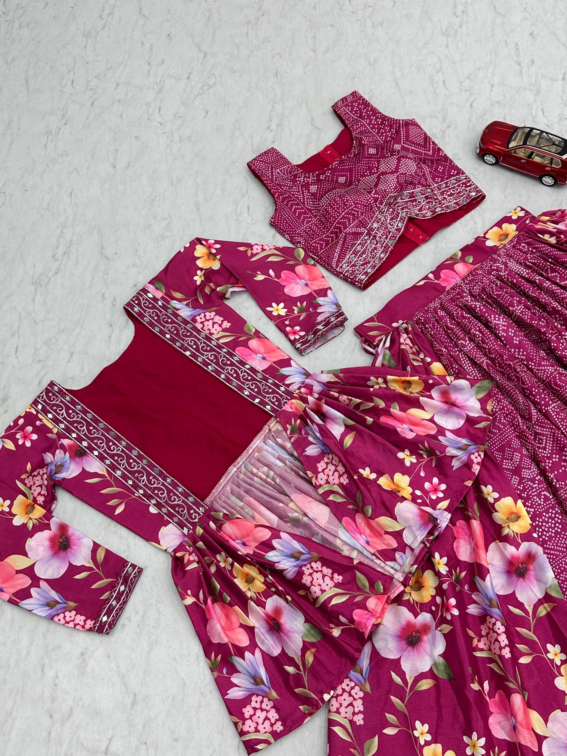 Chinon Embroidered Lehenga Set with Heavy Thread Work Shrug and Fully Stitched Top – Festive & Wedding Wear for Women