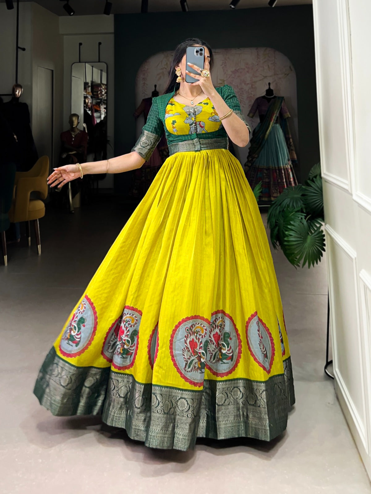 “Designer Kalamkari Gown with Zari Border and Silk Jacket”