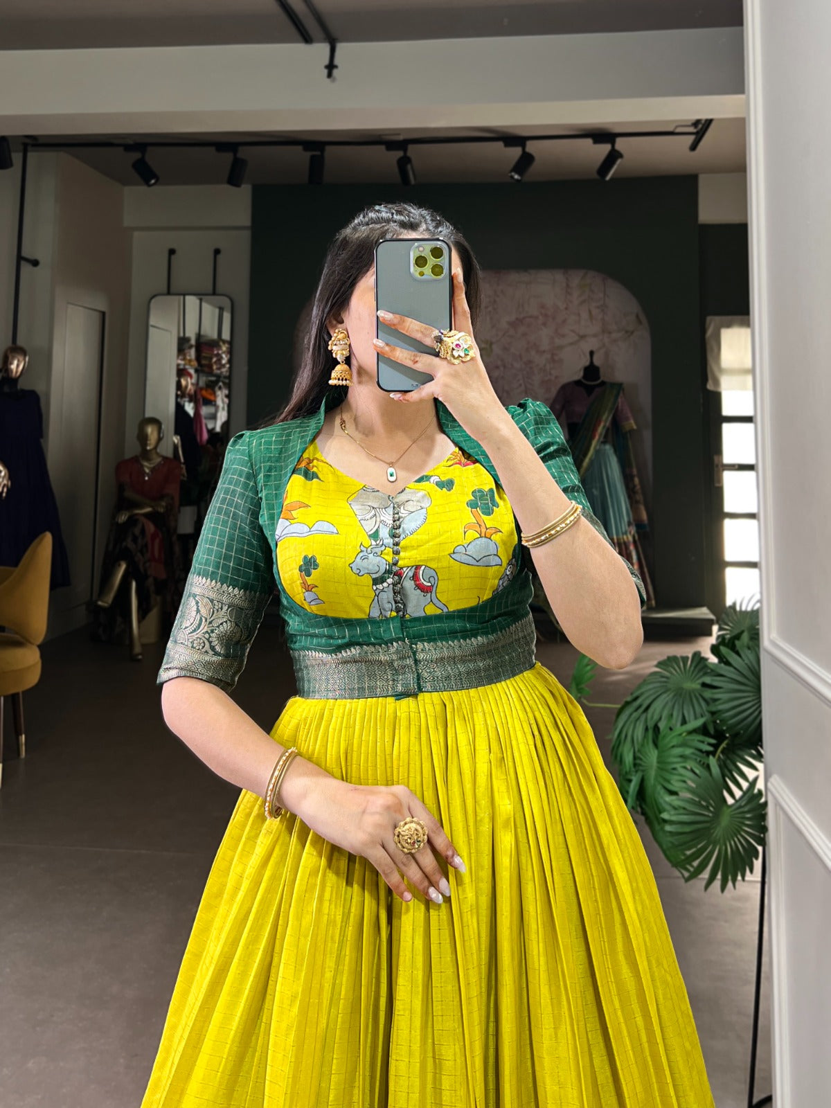 “Designer Kalamkari Gown with Zari Border and Silk Jacket”