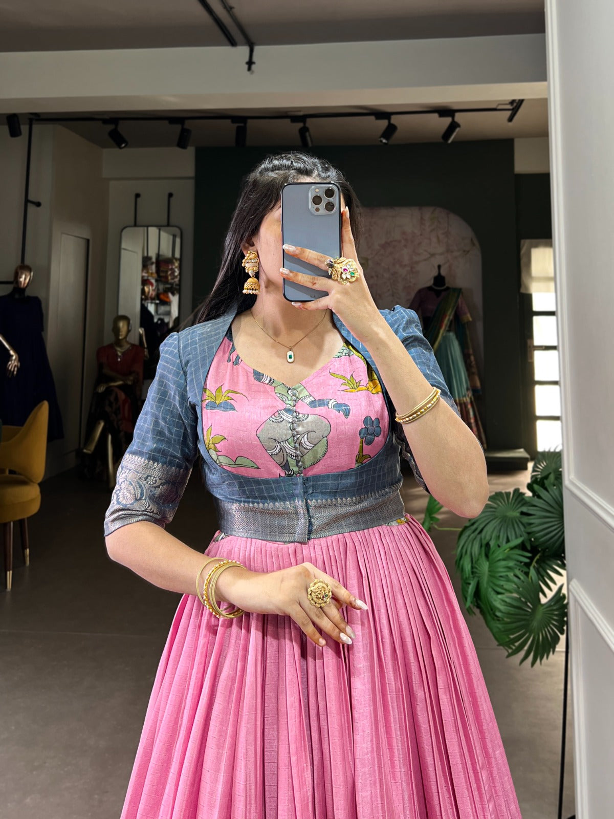 “Designer Kalamkari Gown with Zari Border and Silk Jacket”