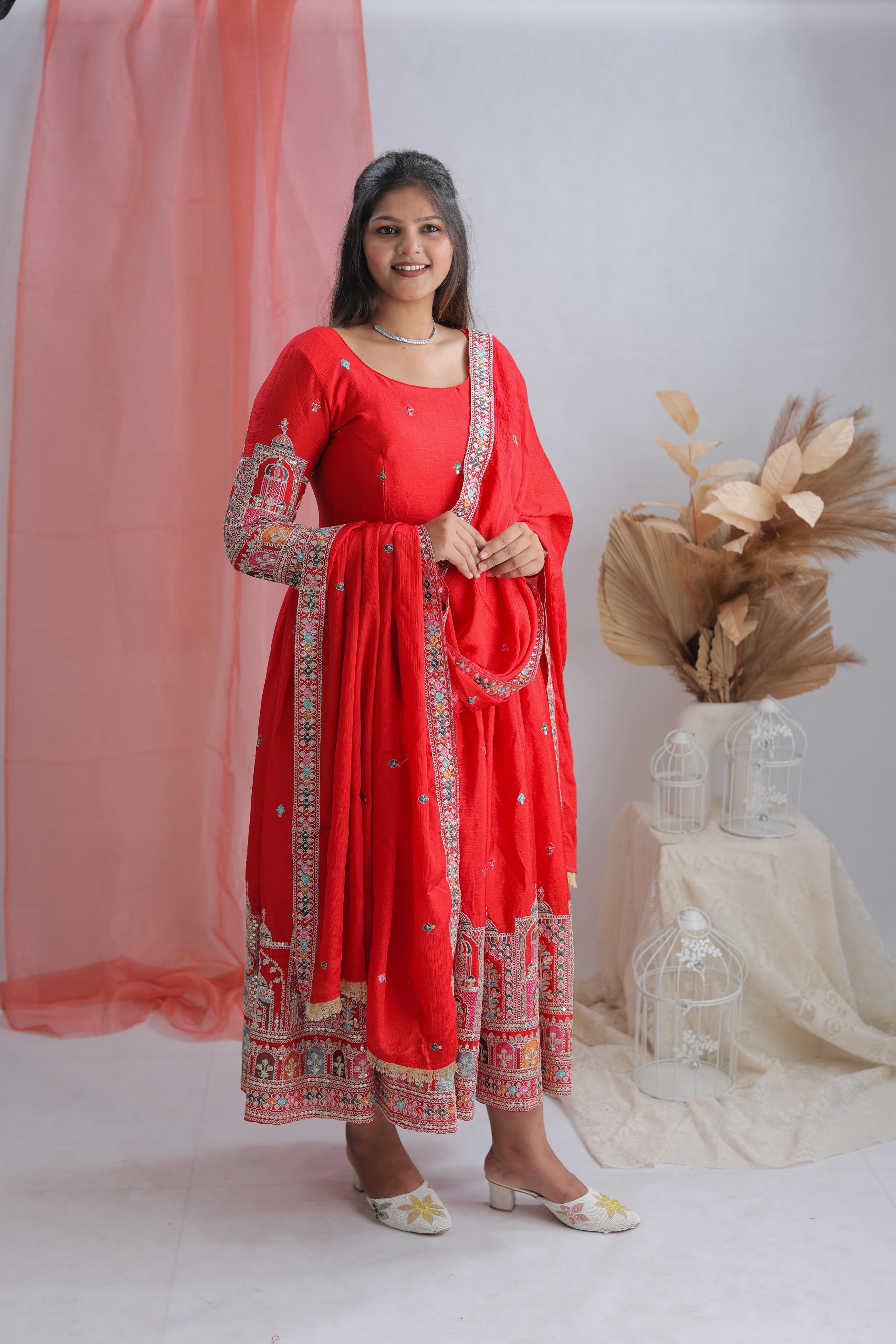 “Pure Cinon Silk Embroidered Gown Set with Heavy Coding Dori and Sequence Work – With Pant and Dupatta – Her Highness Fashion”
