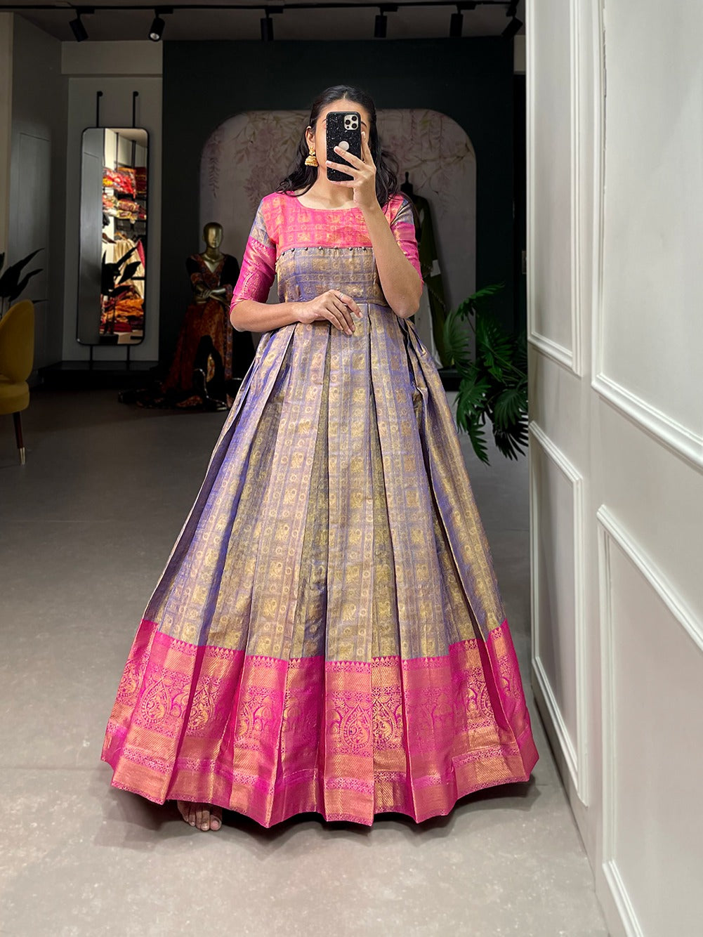 “Traditional Zari Woven Silk Gown – Her Highness Fashion”