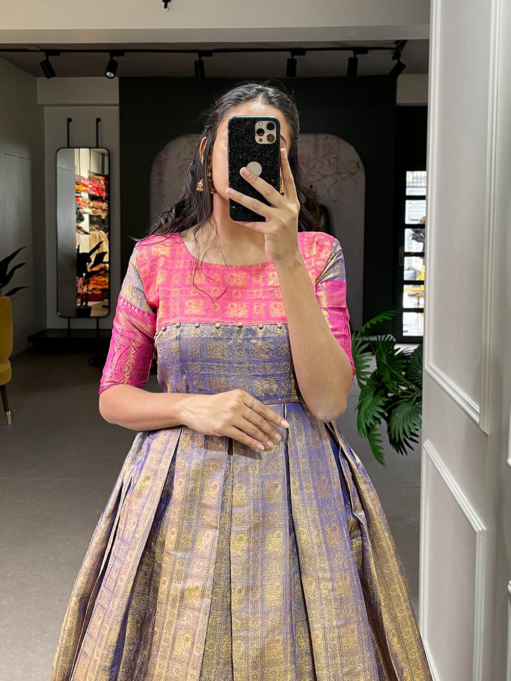 “Traditional Zari Woven Silk Gown – Her Highness Fashion”