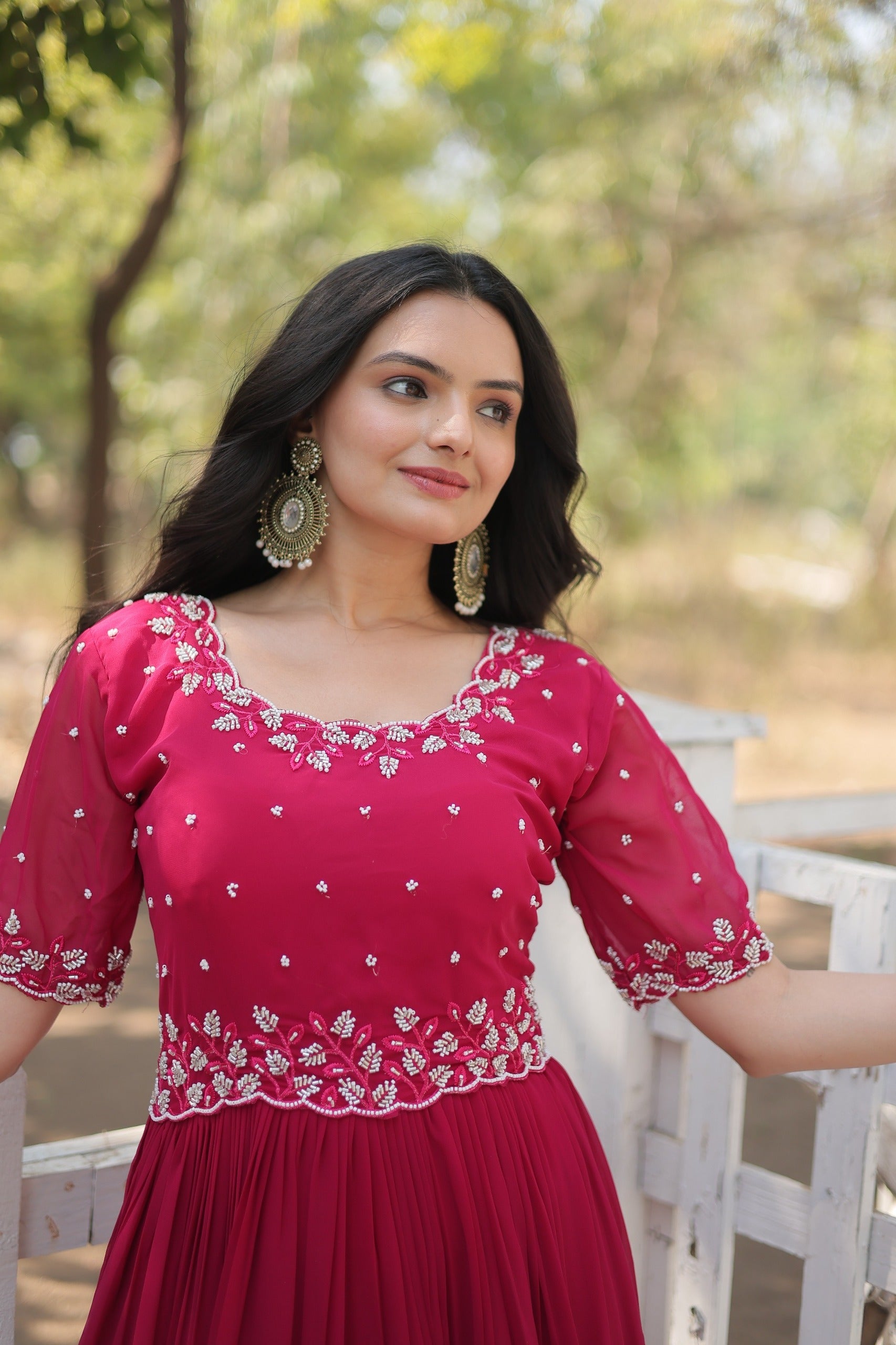 “Faux Blooming Beads Embroidered Gown with 12-Meter Flair in Rama and Maroon – Her Highness Fashion”