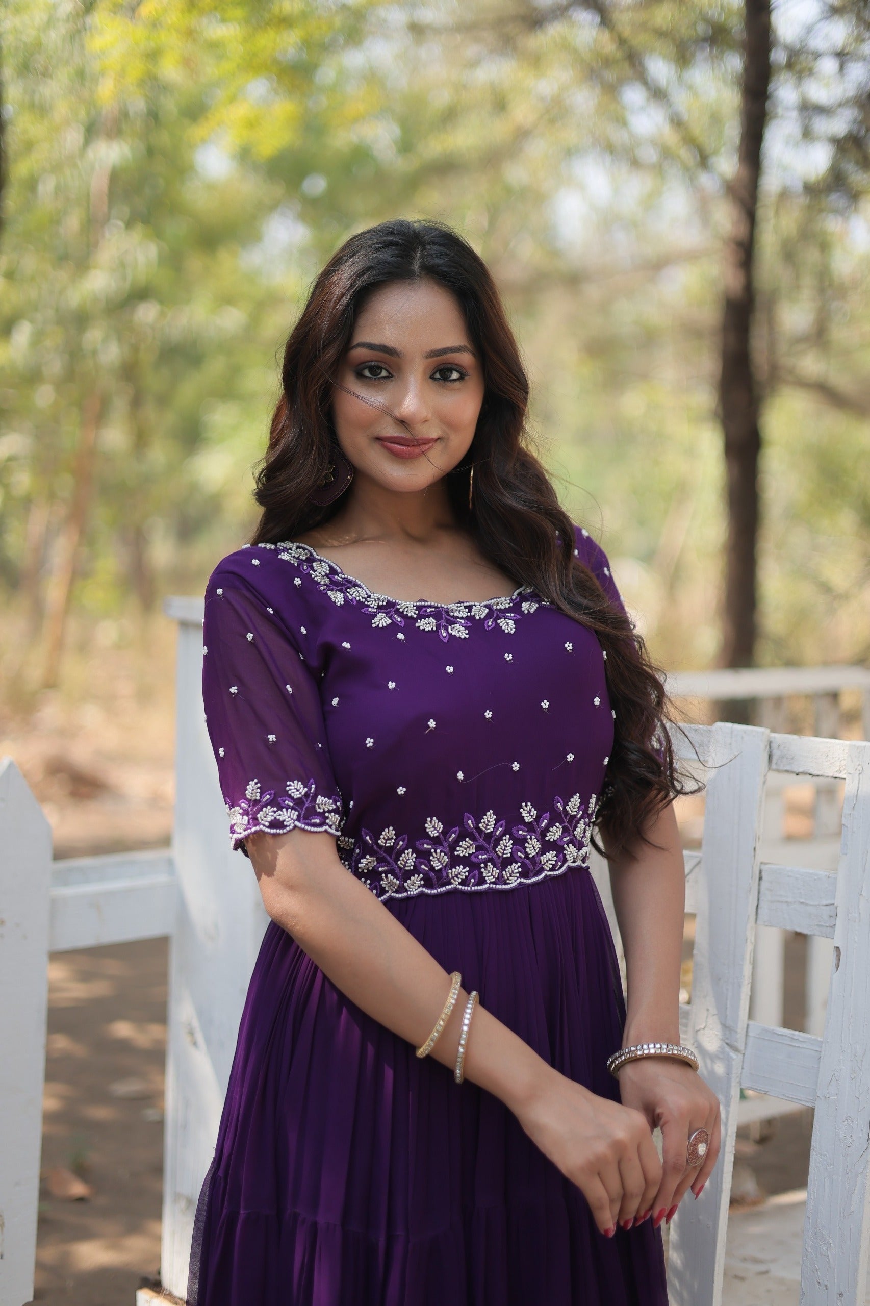 “Faux Blooming Beads Embroidered Gown with 12-Meter Flair in Rama and Maroon – Her Highness Fashion”