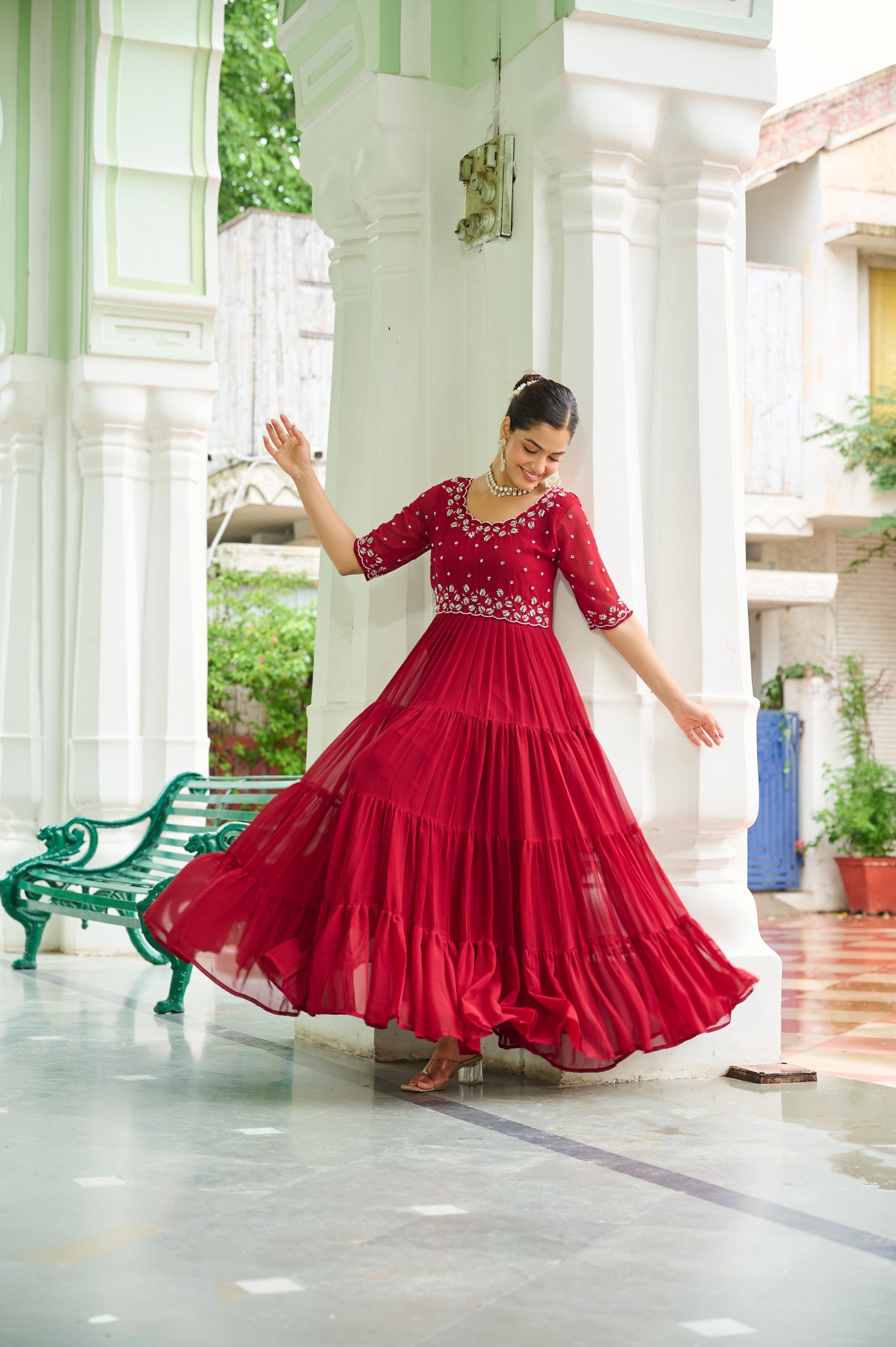 “Faux Blooming Beads Embroidered Gown with 12-Meter Flair in Rama and Maroon – Her Highness Fashion”