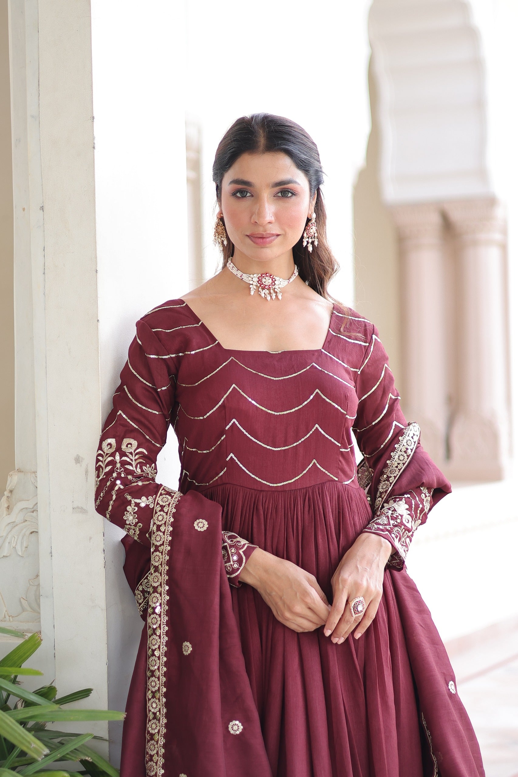 “Vichitra Silk Sequins Embroidered Gown with Dupatta – Fancy Square Neck, Full Sleeves, Her Highness Fashion”