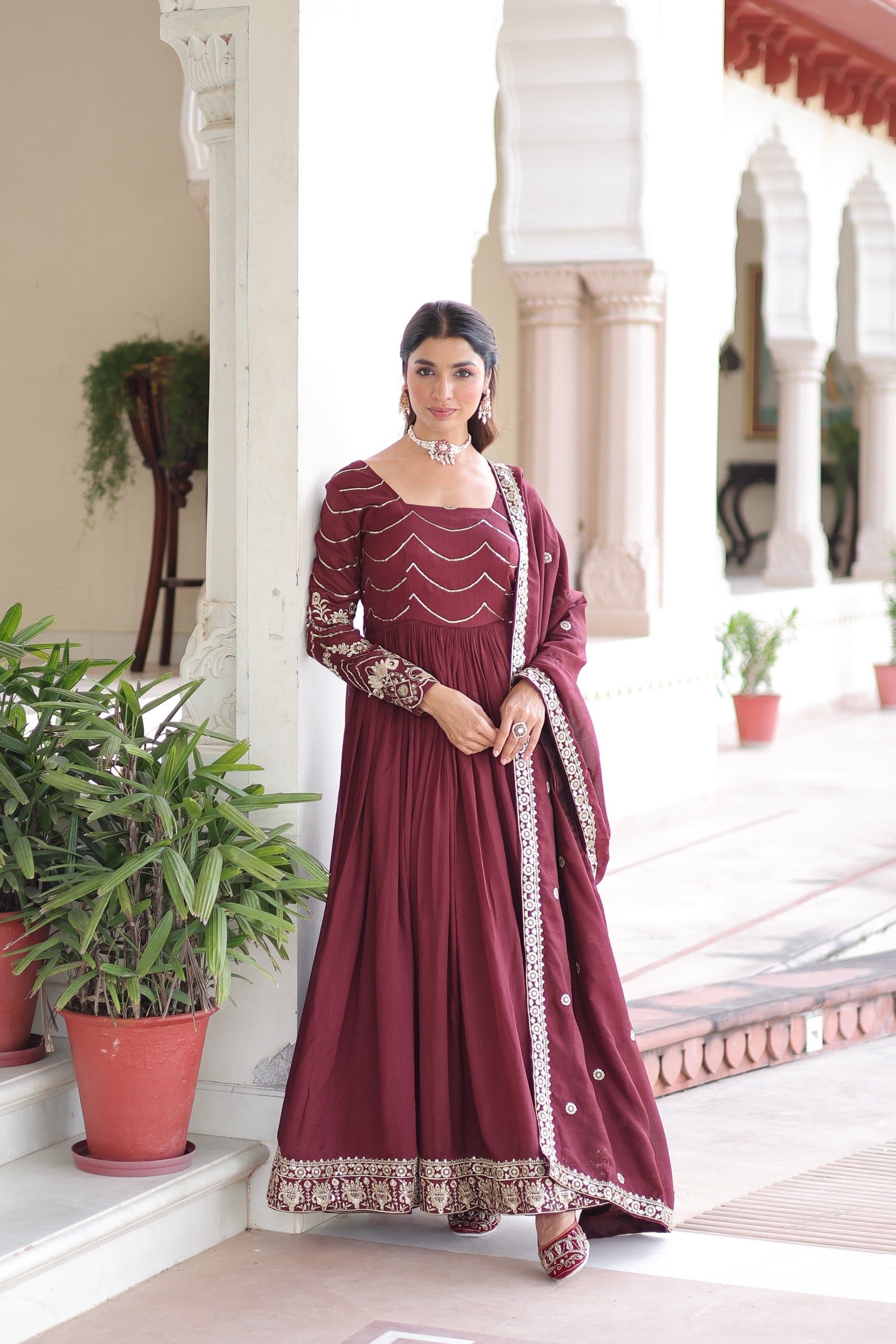 “Vichitra Silk Sequins Embroidered Gown with Dupatta – Fancy Square Neck, Full Sleeves, Her Highness Fashion”