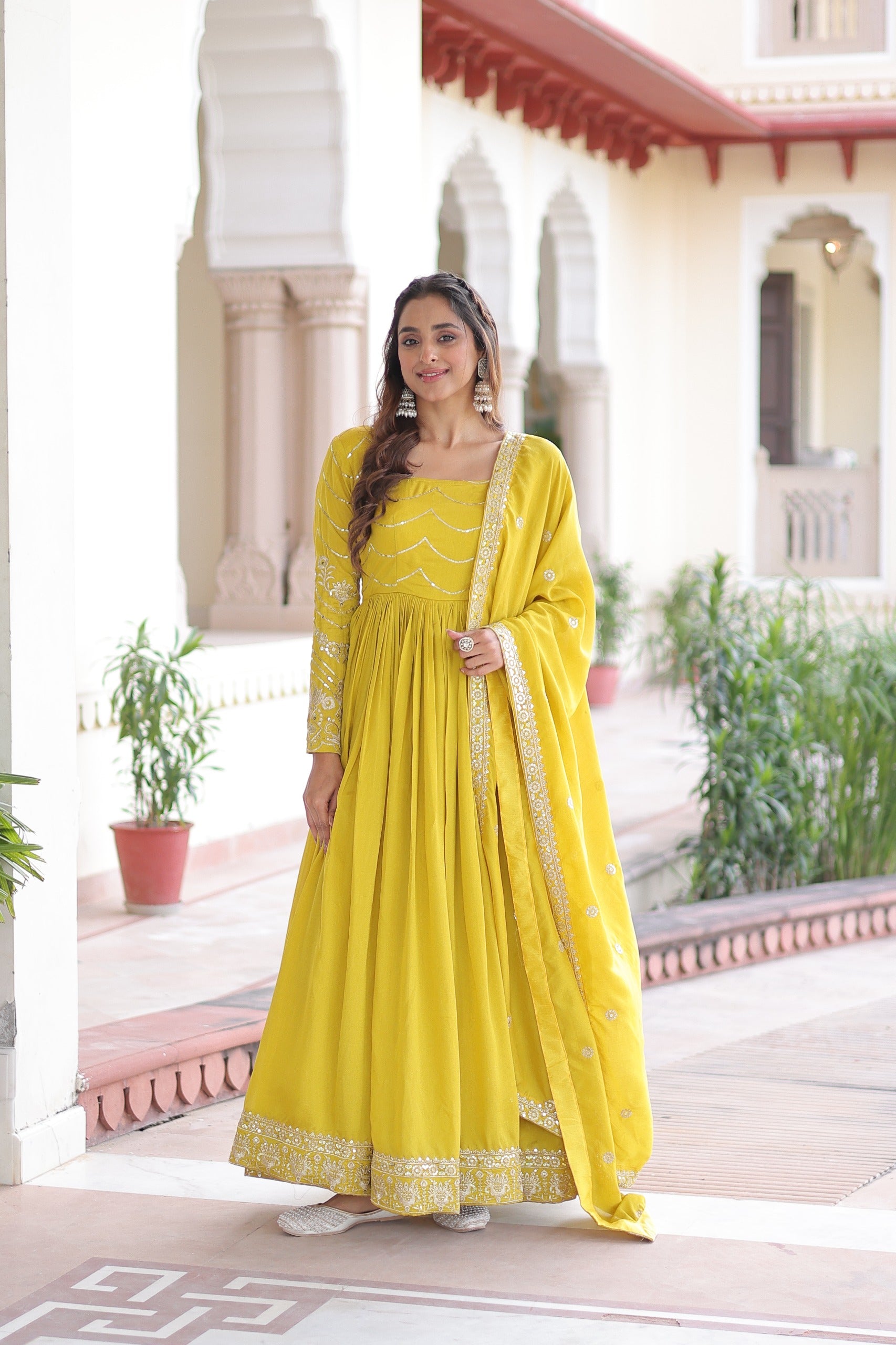 “Vichitra Silk Sequins Embroidered Gown with Dupatta – Fancy Square Neck, Full Sleeves, Her Highness Fashion”