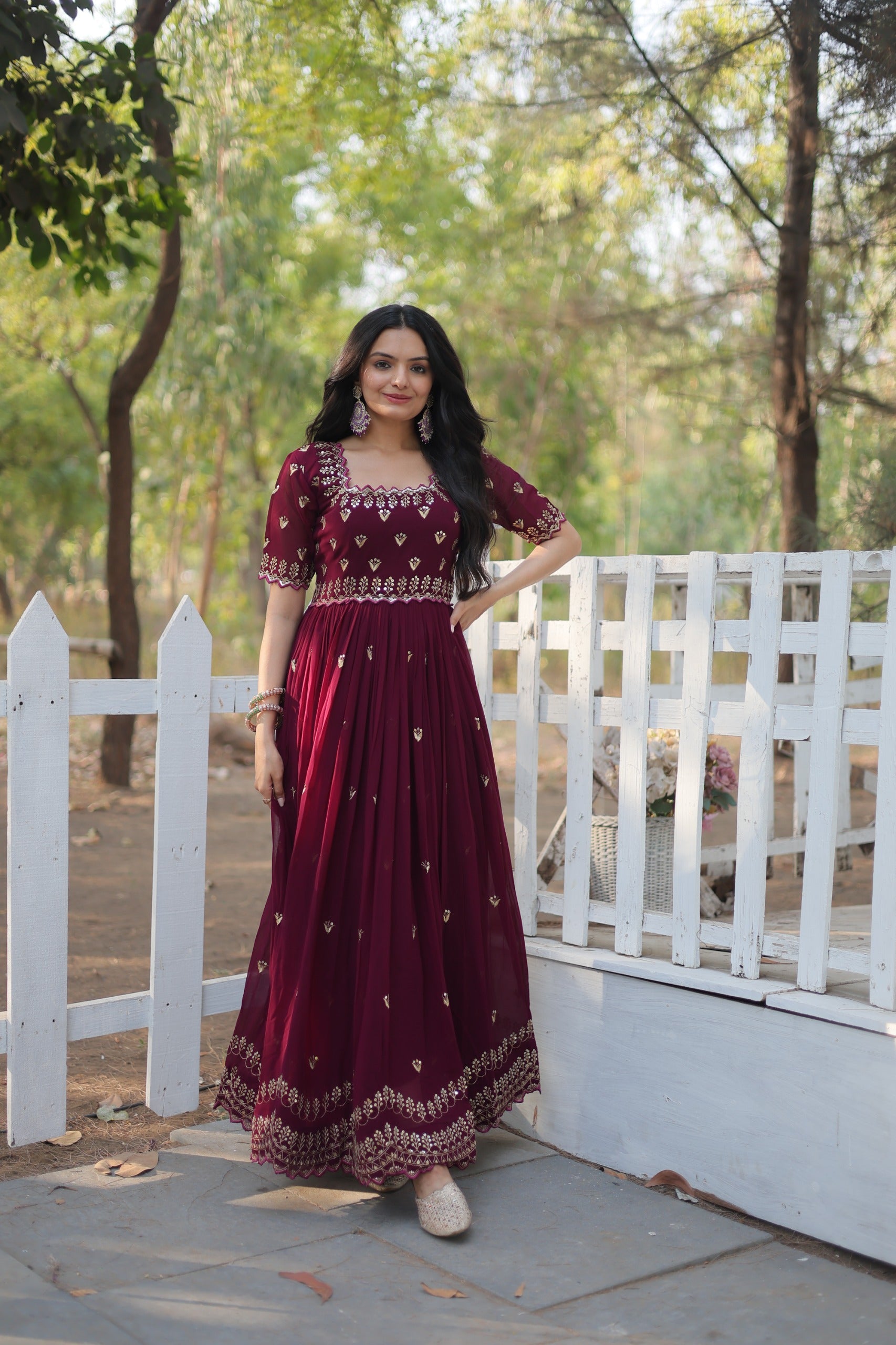 “Faux Blooming Embroidered Gown with Zari Sequins Work – Wine, Red & Purple Colors – Square Neck, Cutwork Sleeves – Her Highness Fashion”