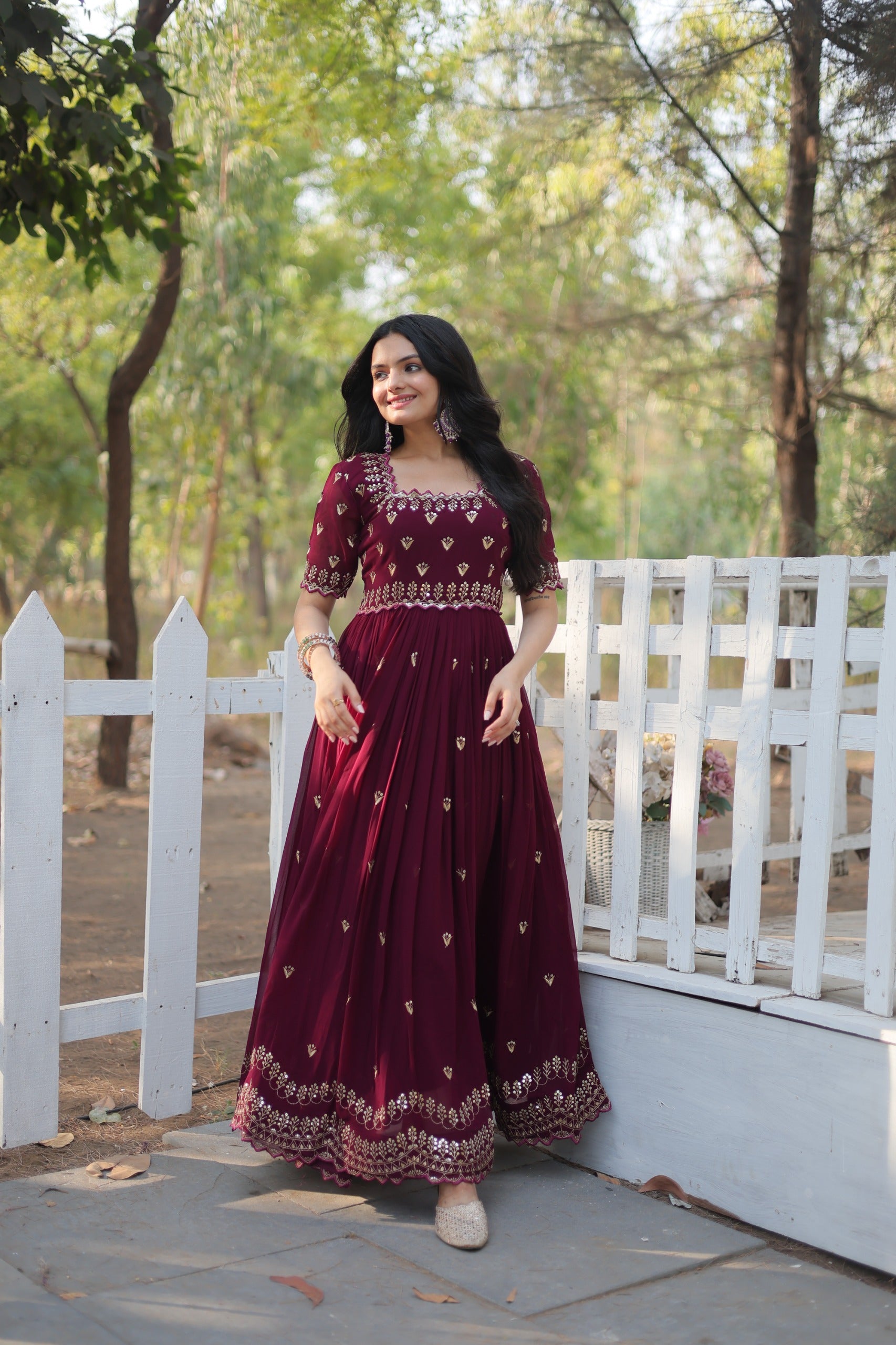“Faux Blooming Embroidered Gown with Zari Sequins Work – Wine, Red & Purple Colors – Square Neck, Cutwork Sleeves – Her Highness Fashion”