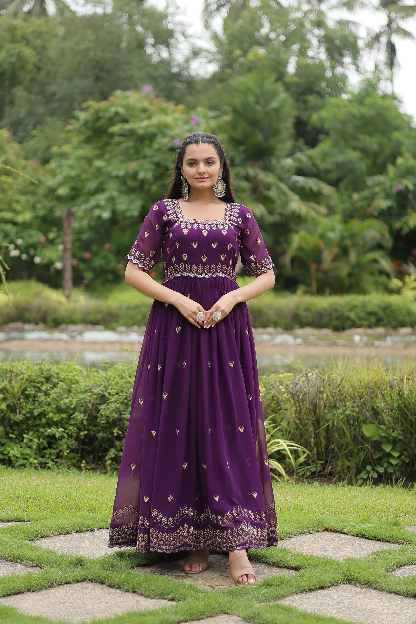 “Faux Blooming Embroidered Gown with Zari Sequins Work – Wine, Red & Purple Colors – Square Neck, Cutwork Sleeves – Her Highness Fashion”