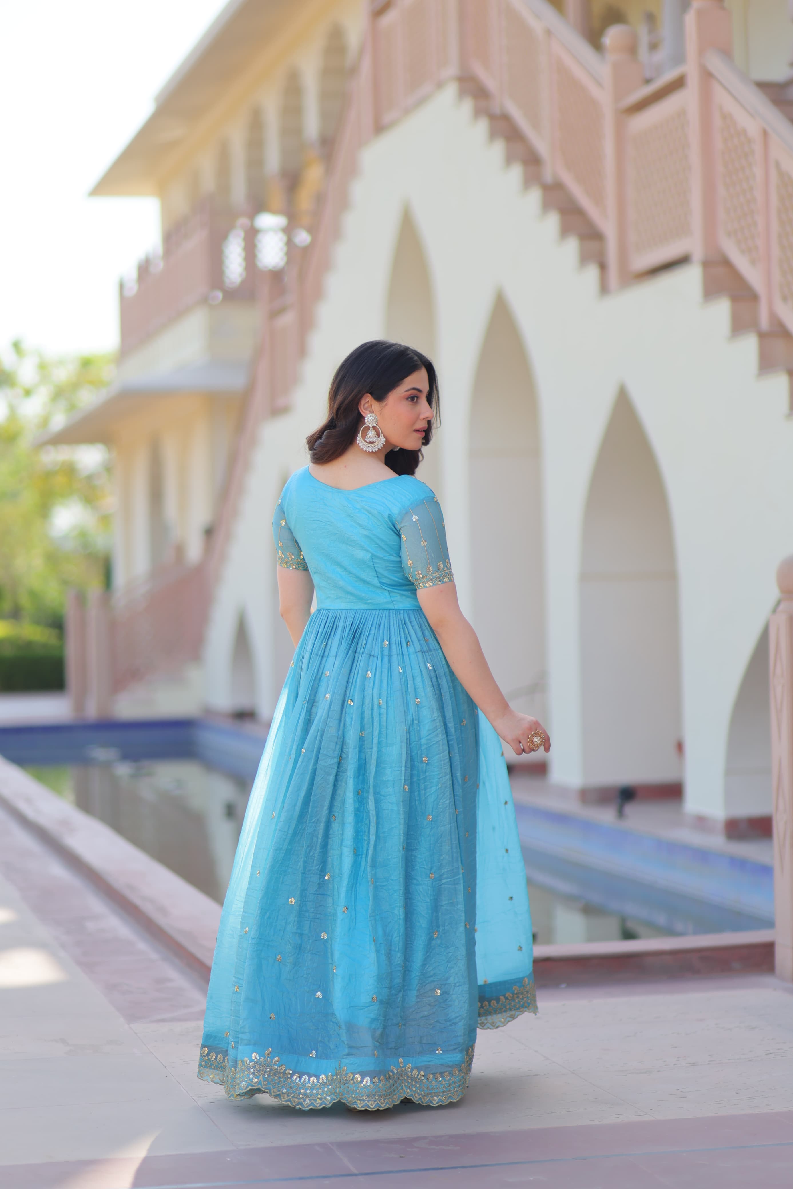 Gold Crush Zari Sequins Gown for Women – Premium Ethnic Party Wear with Cotton Inner and Short Sleeves