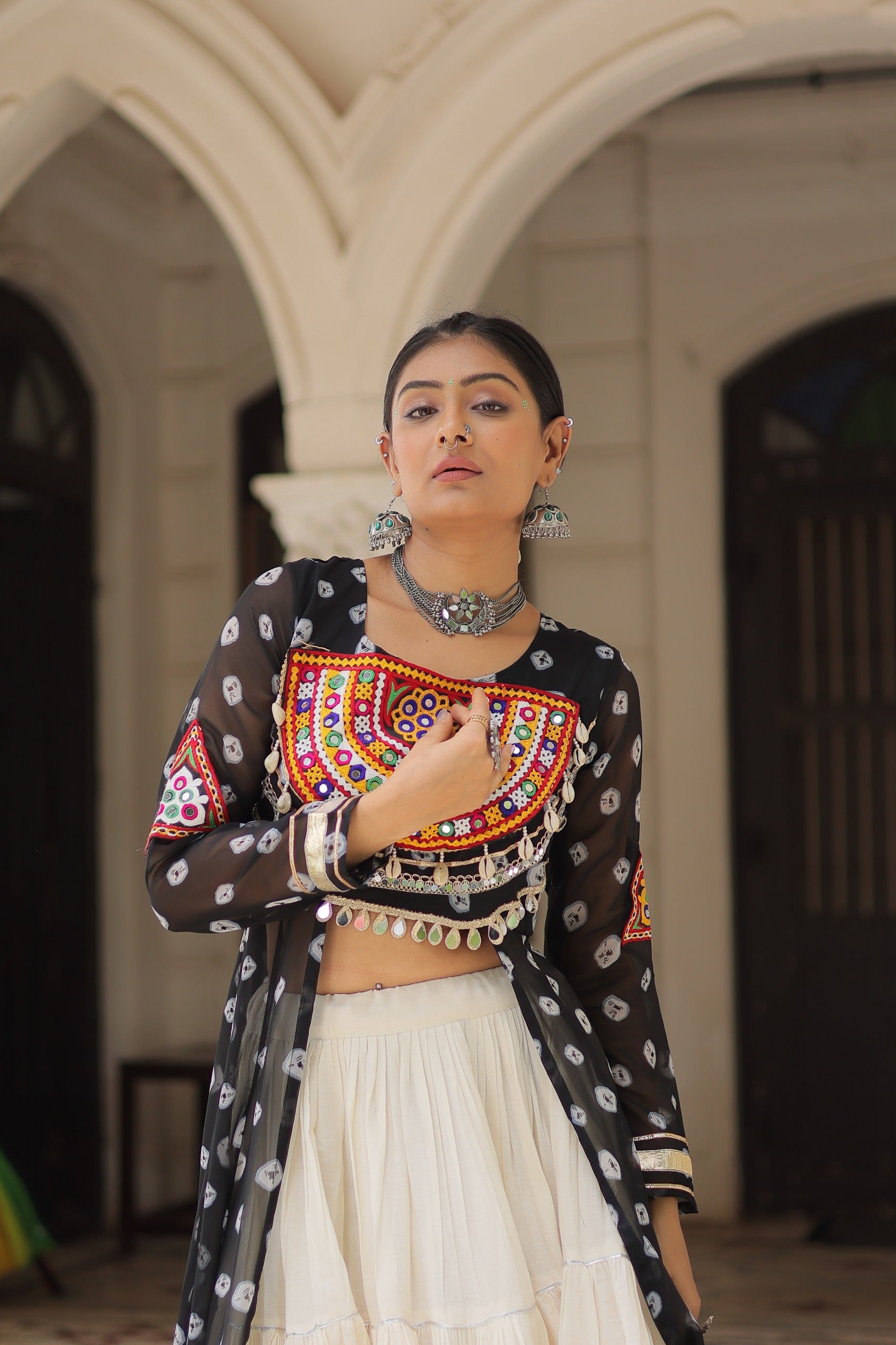 Kora Cotton 12 Meter Frill Lehenga with Bandhani Print Kutchi Work Kurti – Premium Designer Set