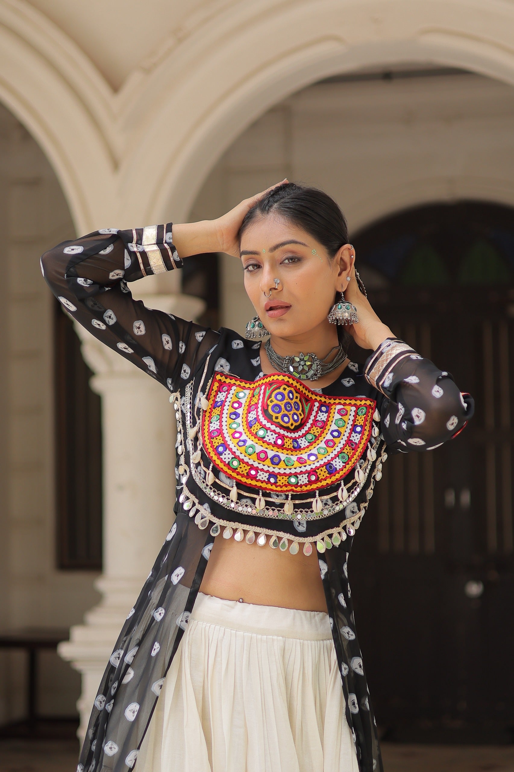 Kora Cotton 12 Meter Frill Lehenga with Bandhani Print Kutchi Work Kurti – Premium Designer Set