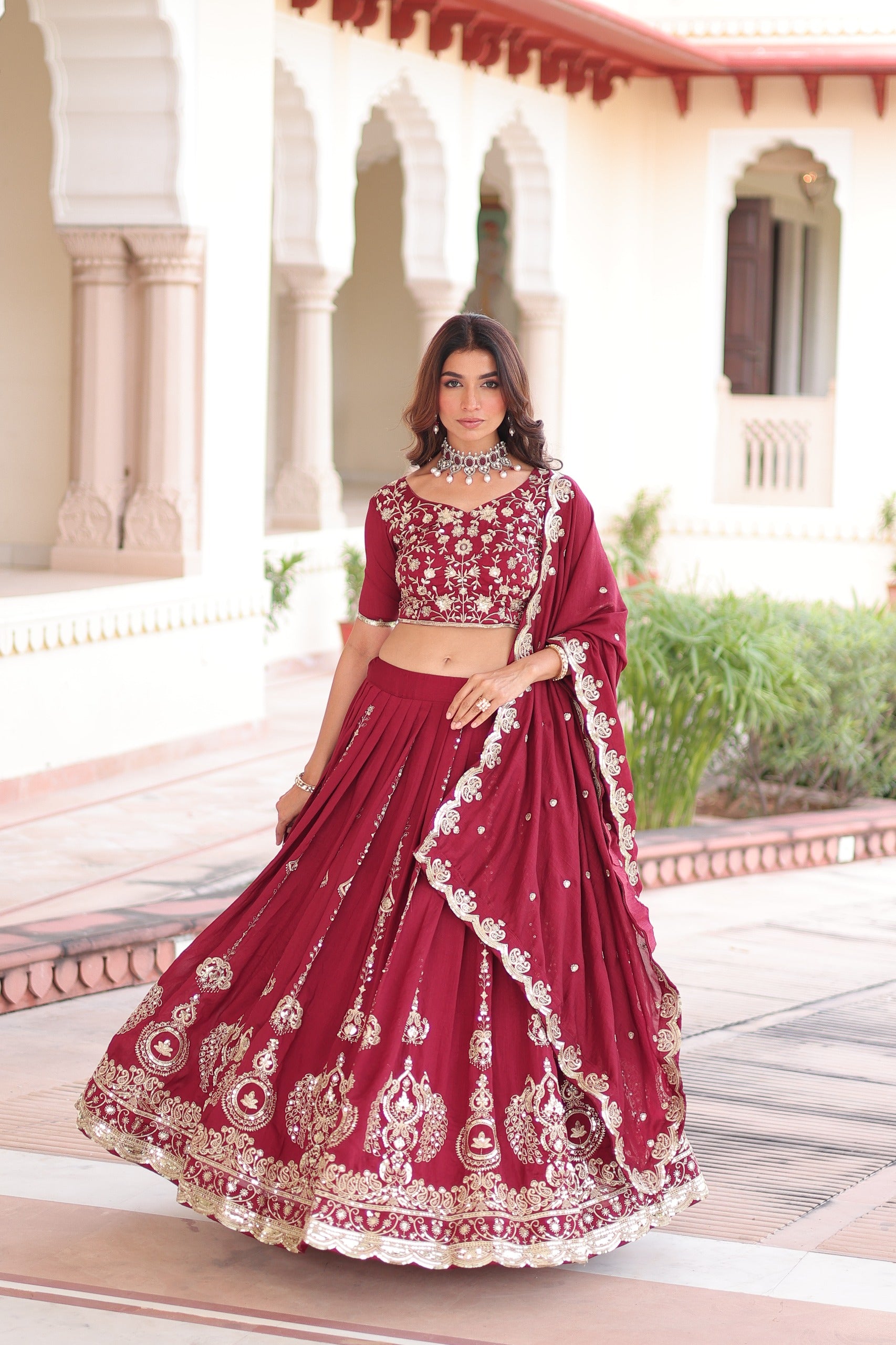Vichitra Silk Embroidered Lehenga Set