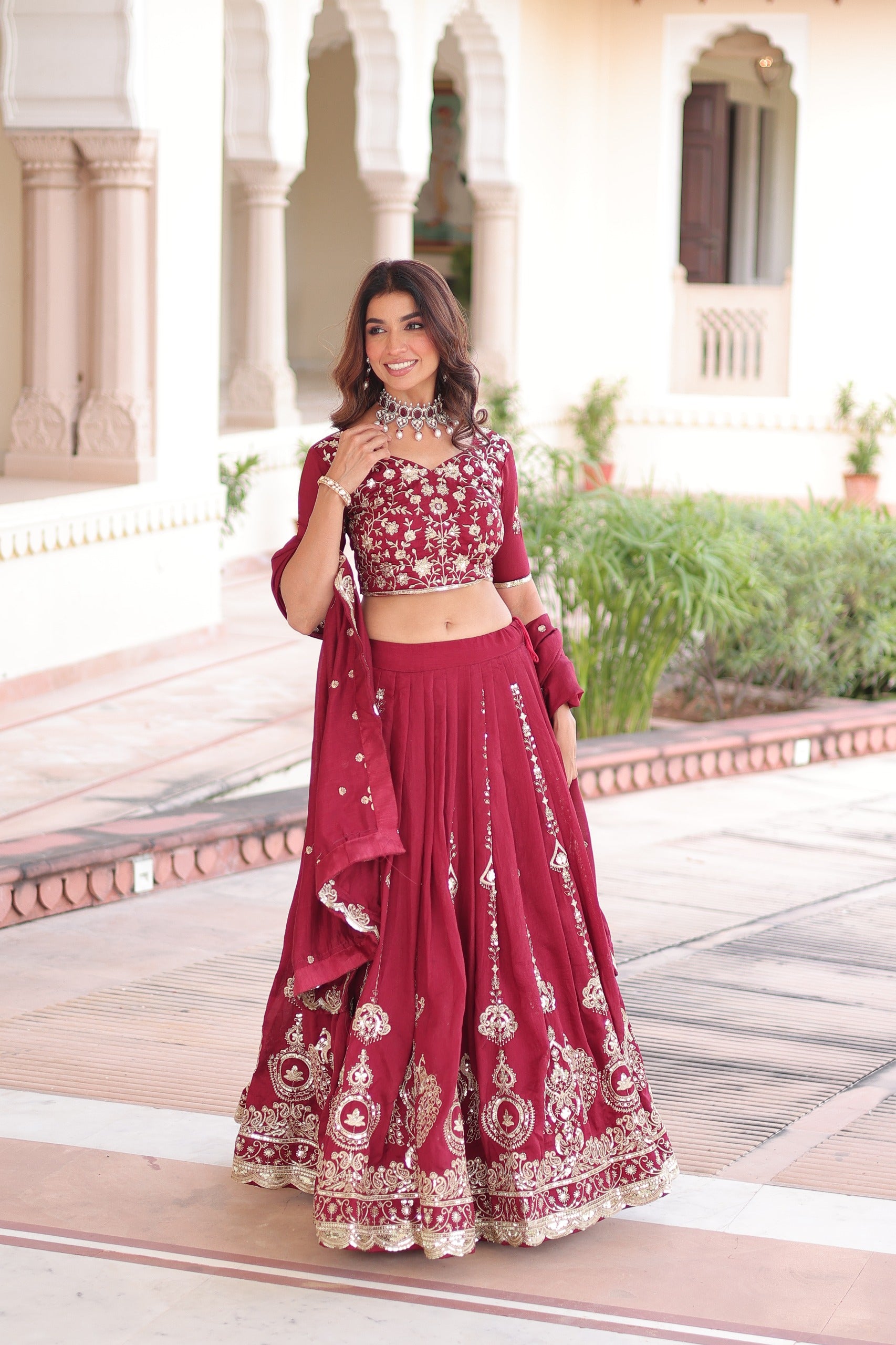 Vichitra Silk Embroidered Lehenga Set