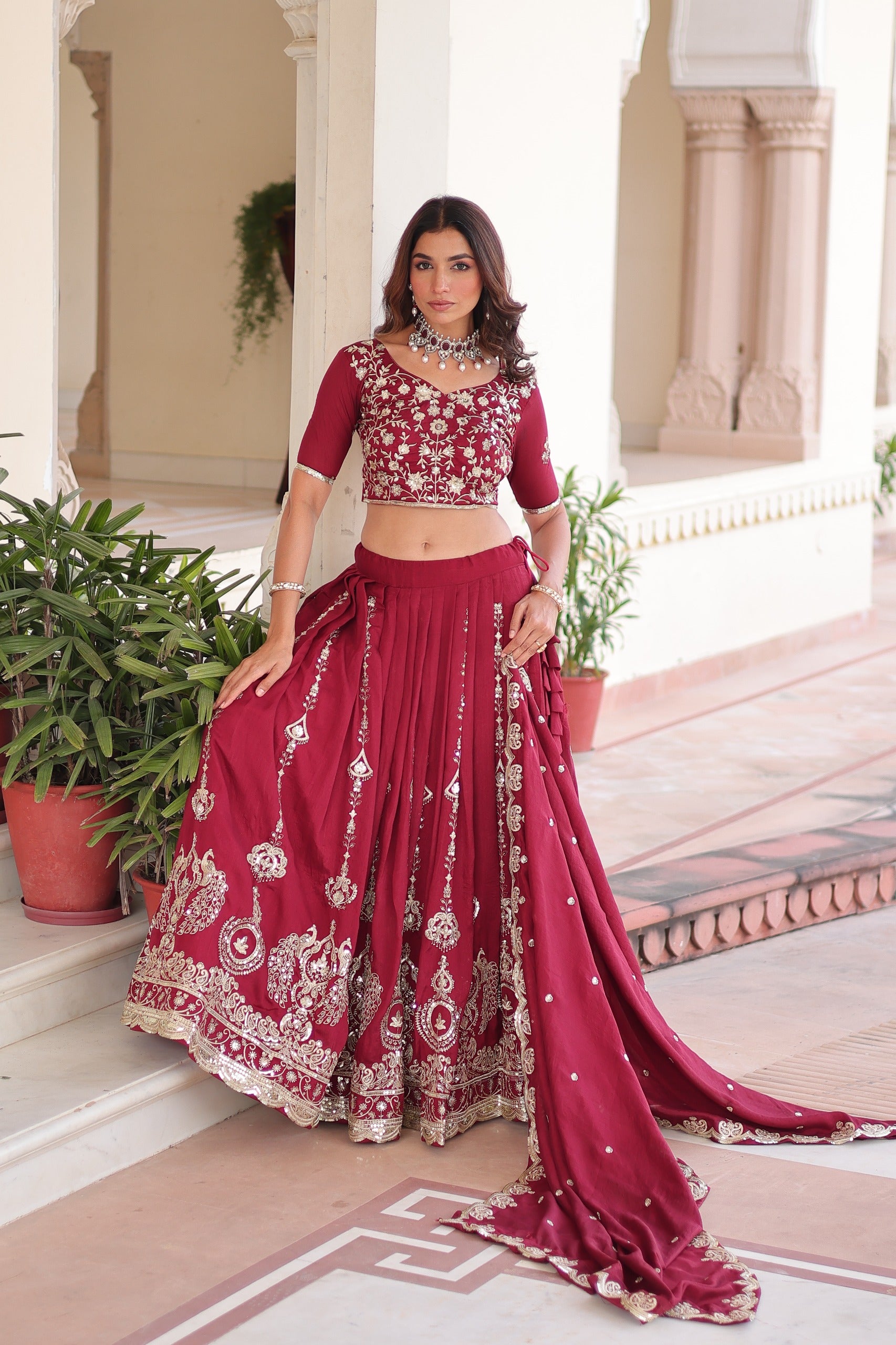 Vichitra Silk Embroidered Lehenga Set