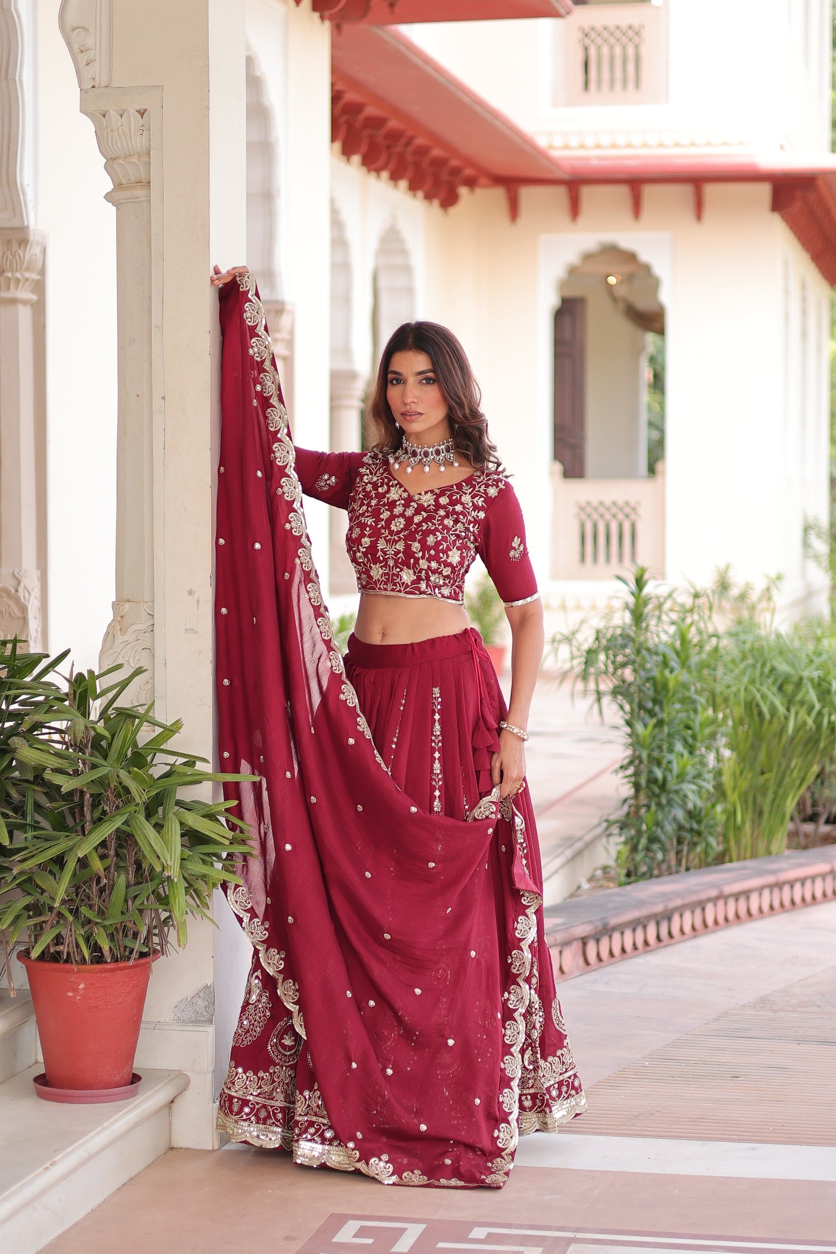 Vichitra Silk Embroidered Lehenga Set