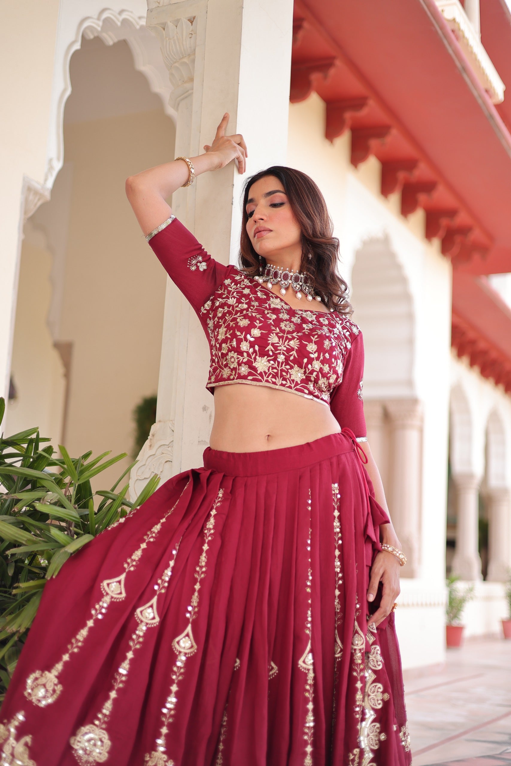 Vichitra Silk Embroidered Lehenga Set