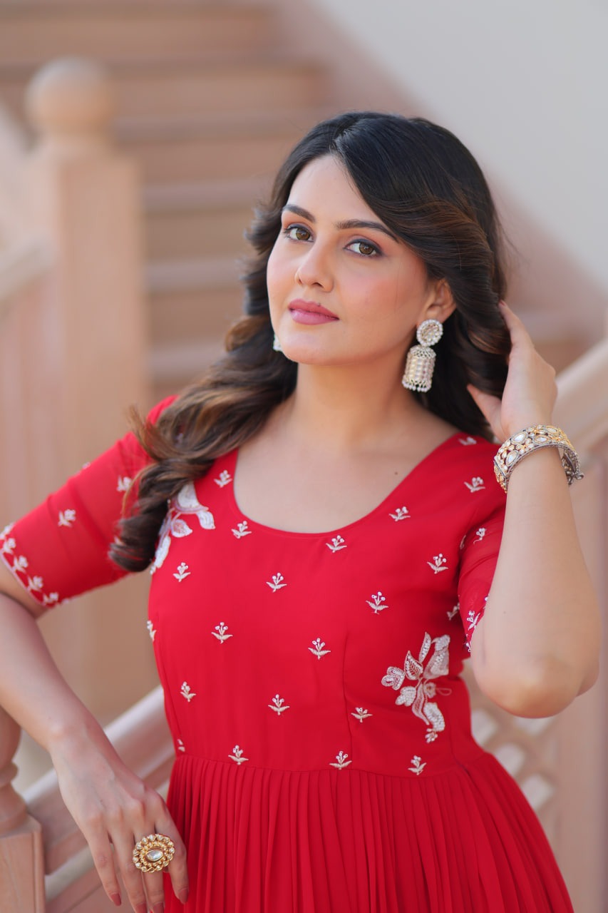 Faux Blooming beads embroidered gown with 12 meter flair for women