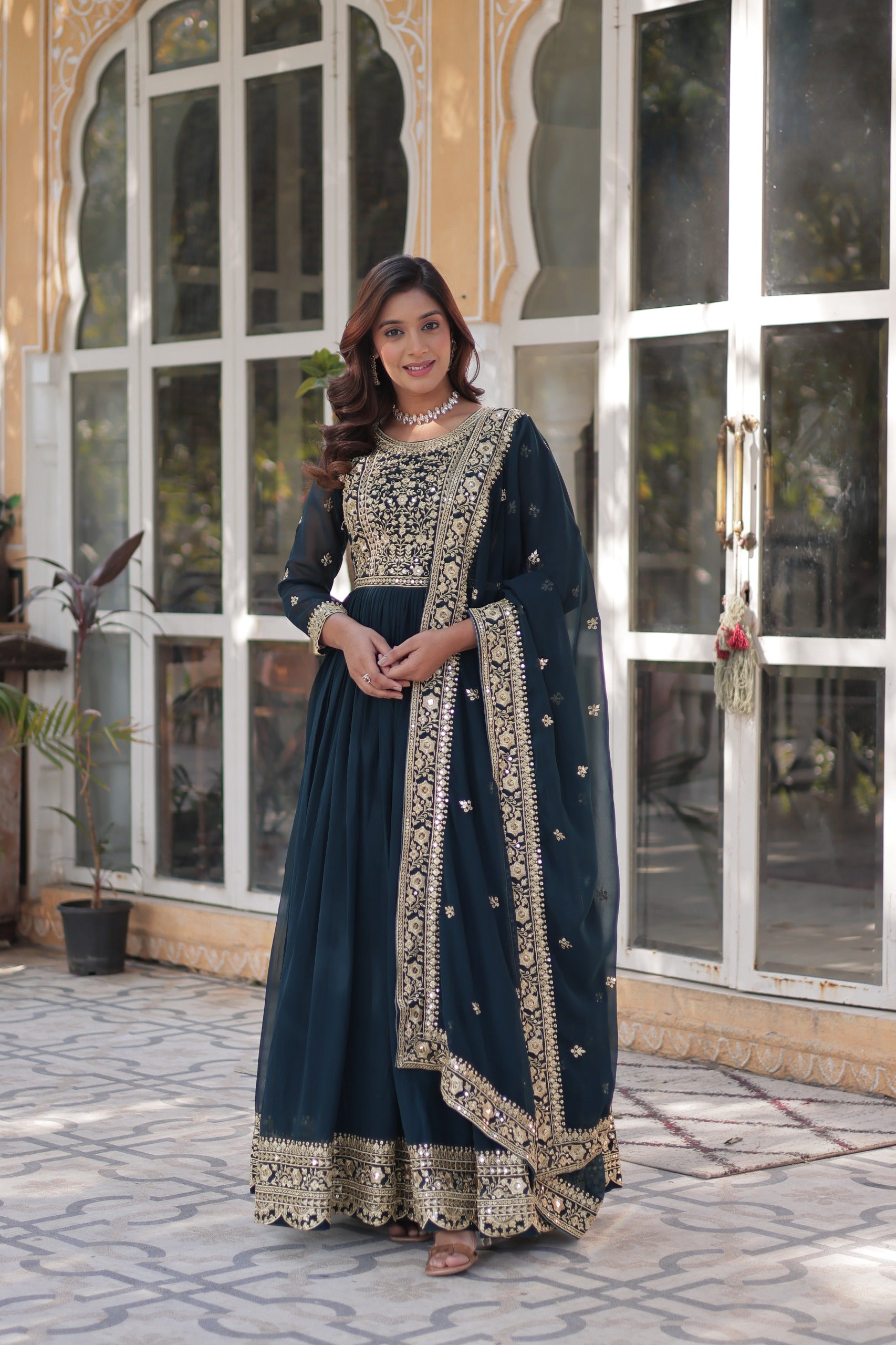 Faux Blooming embroidered gown with zari sequins work and lace border dupatta for women