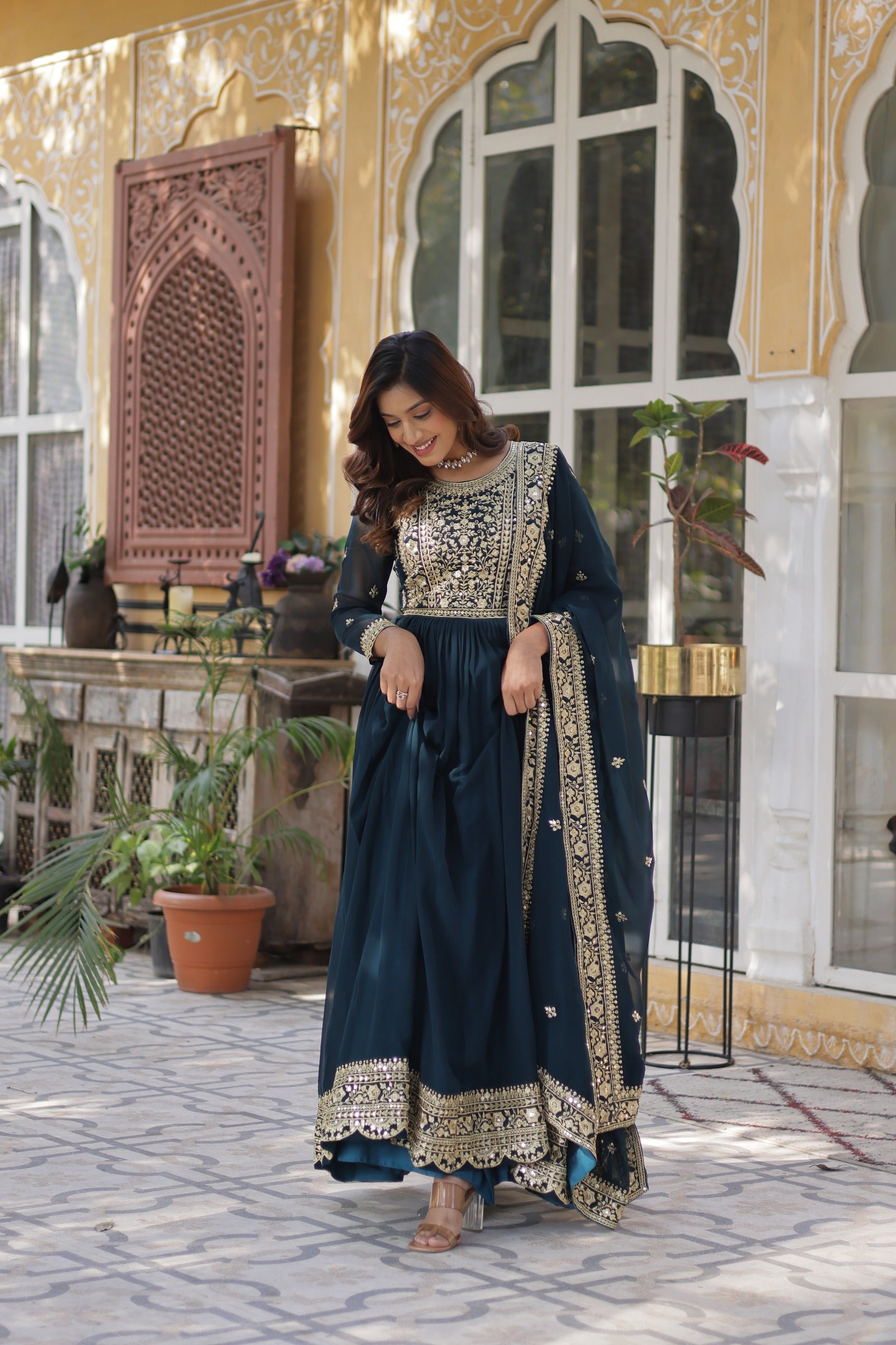Faux Blooming embroidered gown with zari sequins work and lace border dupatta for women